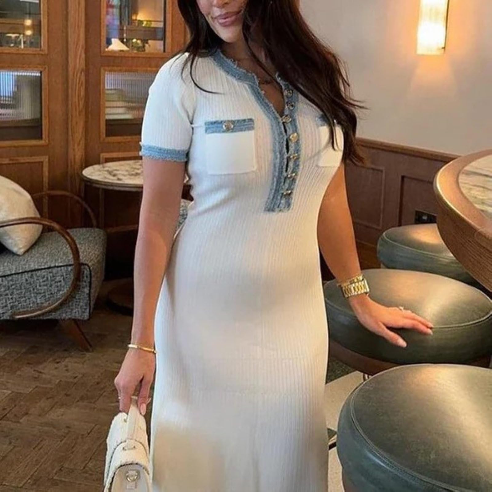 Vestido largo de punto acanalado para mujer de manga corta sexy ajuste ajustado con botones elegante de fiesta largo suéter