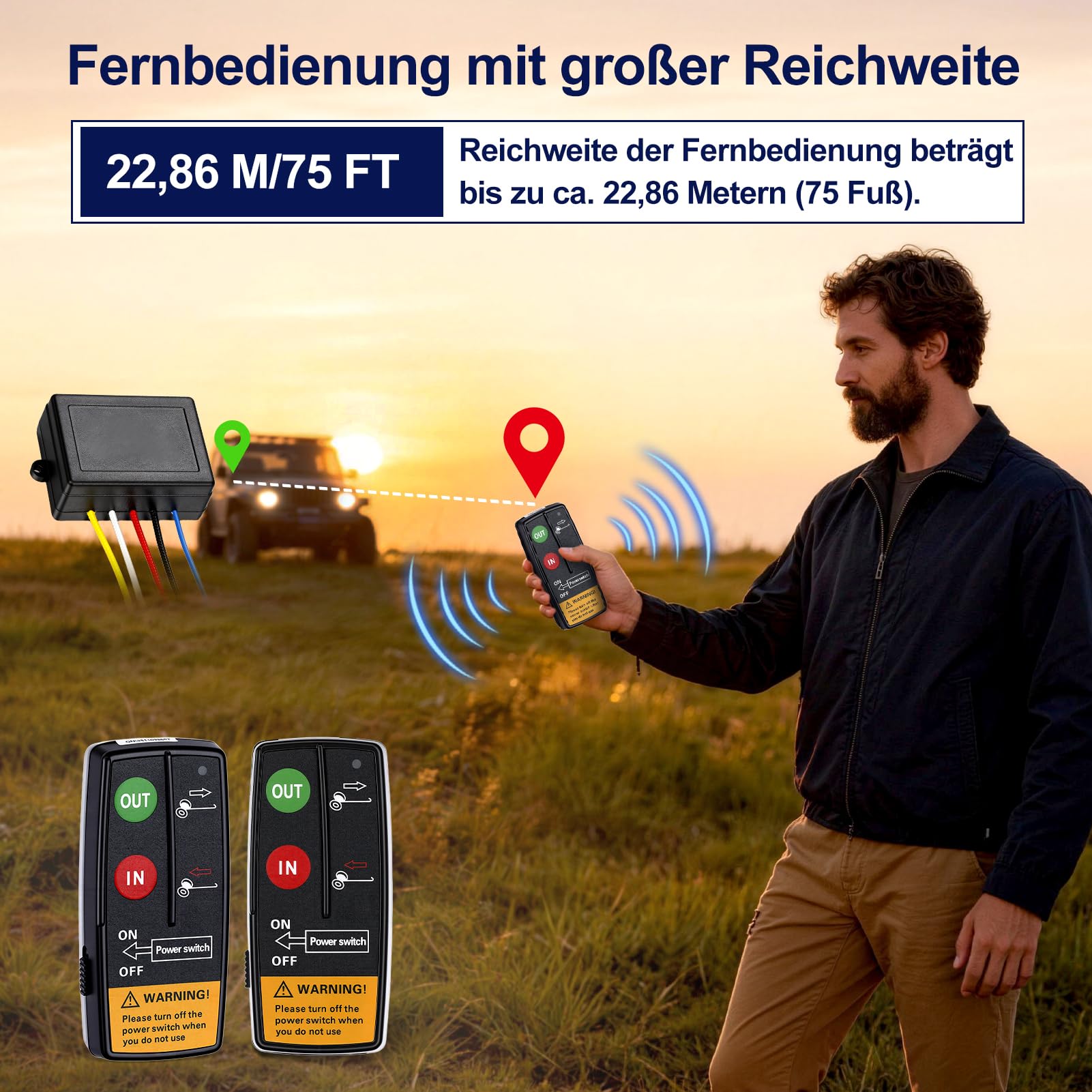 Verricello a fune 12 V, telecomando senza fili, 12 V, 24 V, senza fili, con 2 trasmettitori + ricevitore, portata di 30 m, per auto Atv Camion Suv Jeep