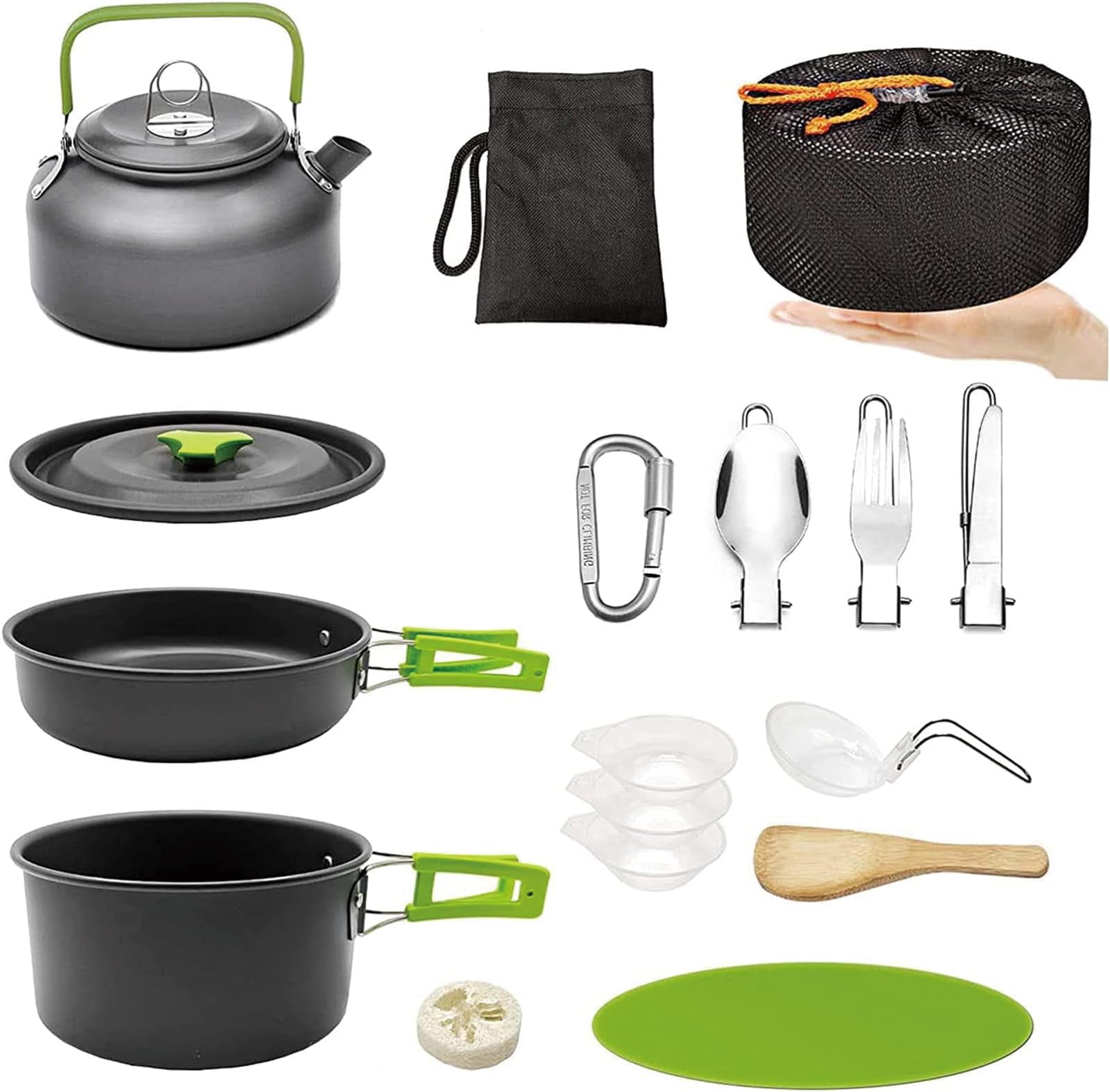 Camping Pans and Pots Kit, Camping Cooking Set, Tea Kettle Bowl Tableware Set with Mesh for Trekking, Hiking, Picnic, for 2-3 Person (Cookware Set)