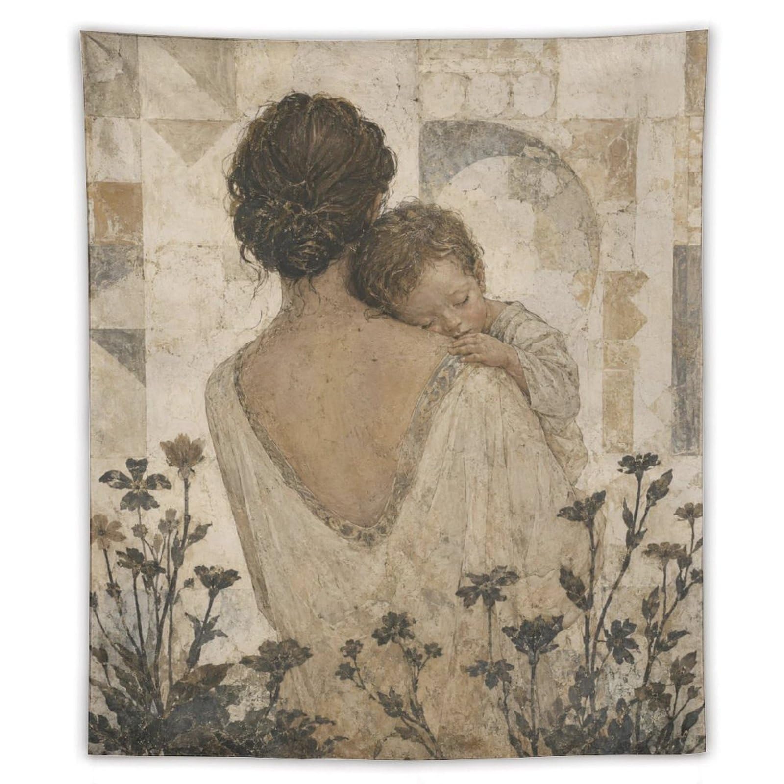 W7C8U2X3 Mother and Child Sepia Wall Tapestry, Realistic Illustration