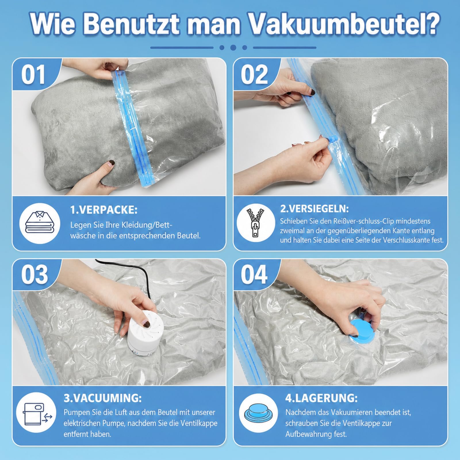 Vakuumbeutel für Kleidung 20 Stück mit Elektrischer Luftpumpe Vakuumierbeutel (5xJumbo/5xGroß/5xMittel/5xKlein) Wiederverwendbar Platzsparend Vakuumbeutel für Bettdecken,Kleidung,Reise,Kissen