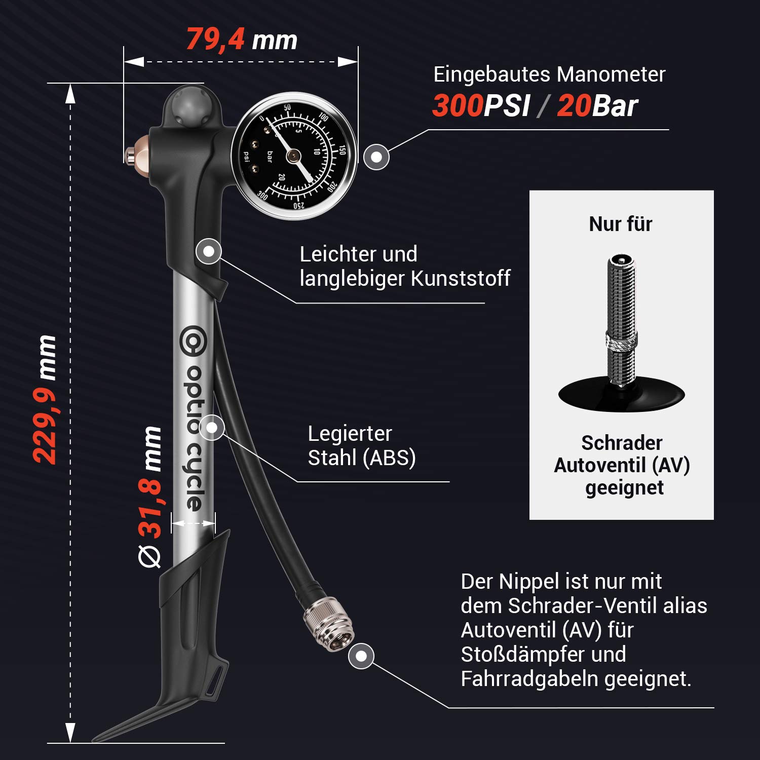 Dämpferpumpe Fahrrad – Hochdruck Federgabelpumpe mit Manometer | Gabelpumpe Fahrrad für MTB Federgabel & Dämpfer | Stoßdämpferpumpe für Fox, Rockshox, Manitou