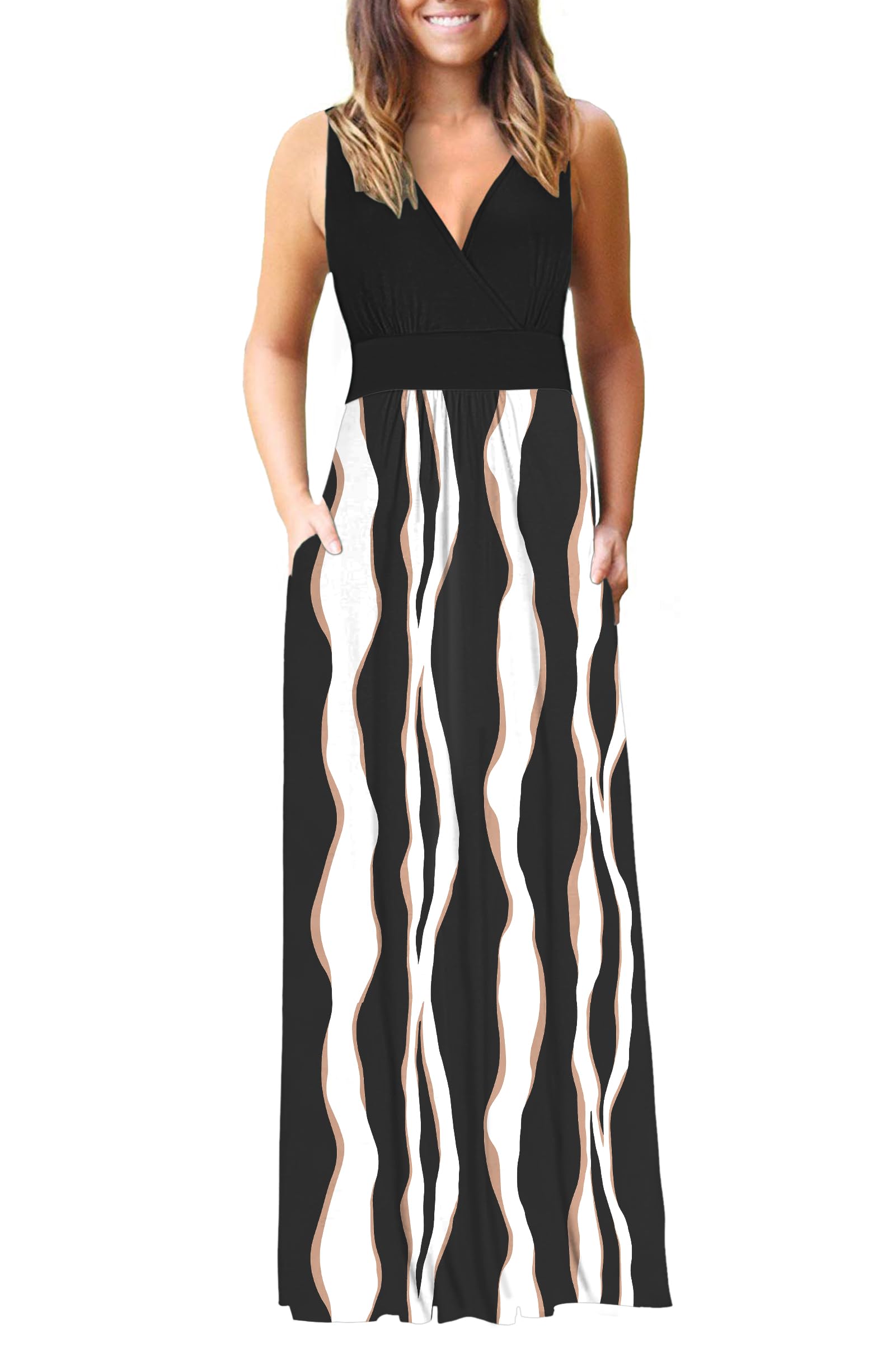 AUSELILY Maxi Dress Women's Summer Sleeveless Dress Long Elegant Deep V-Neck Evening Dress with Pockets