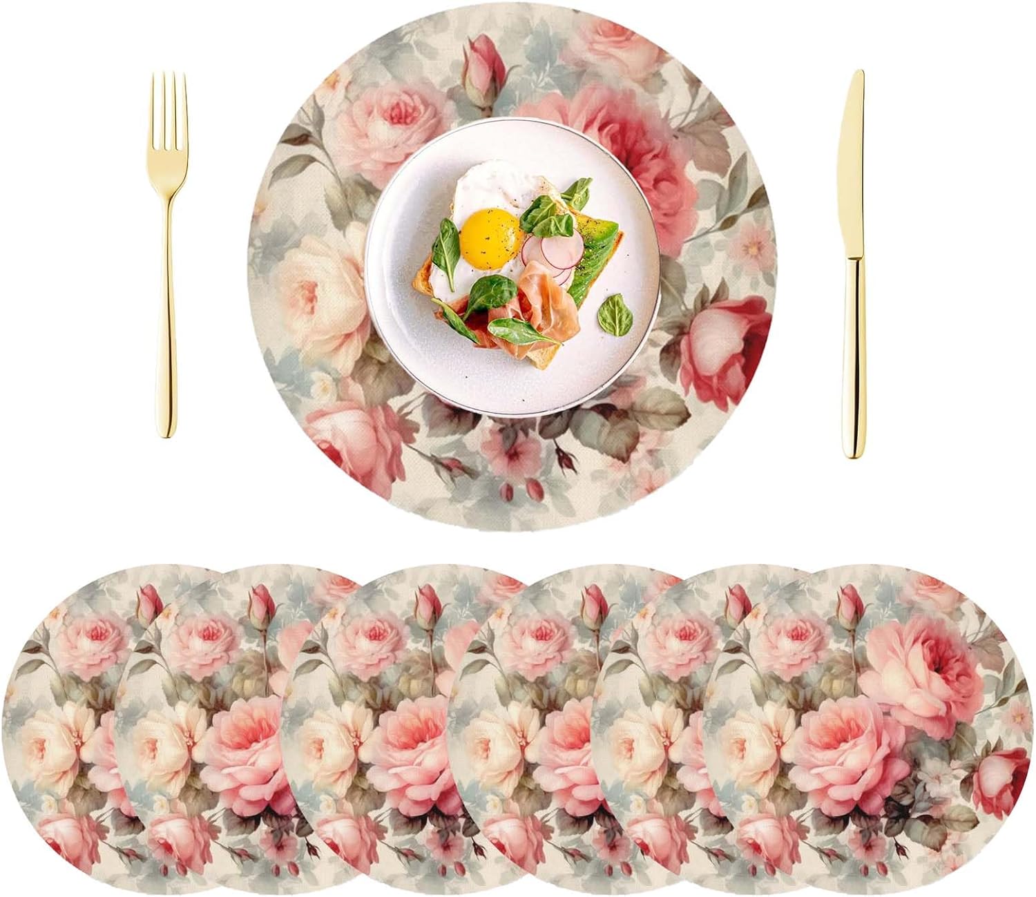 Round Placemats 14 Inch Set of 4 Vintage Roses Premium Linen Non Slip & Heat Res…