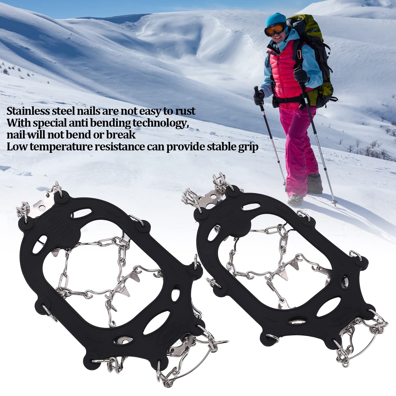 Crampons Ice Cleats Traction Snow Grips, 1 Pair 19 Steel Teeth Ice Gripper Traction Cleats Crampons Non Slip Snow Spike Shoes Cover, Ice Snow Grips Over Shoe (L)