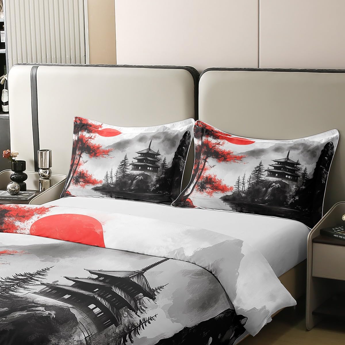 100% Baumwolle Bettbezug Kirschblüte Bettwäsche Set 155x220 Japanische Tradition Stil Tröster Abdeckung Kinder Jungen Mädchen,Retro Aquarell Bett Set Landschaft mit 1 Kissenbezug Schlafzimmer Dekor