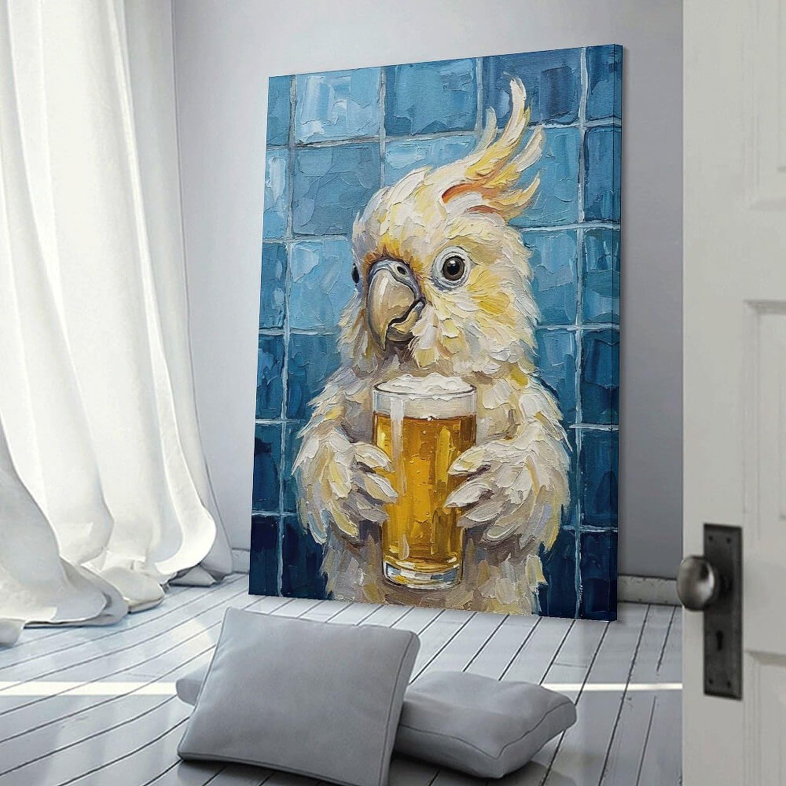 Junmoney Cockatoo with Beer Painting Wall Decor Canvas Print, 08x12inch(20x30cm), for Wall Displays, Bedrooms Or Room Updates, Wall Decor Suited to Curated Displays