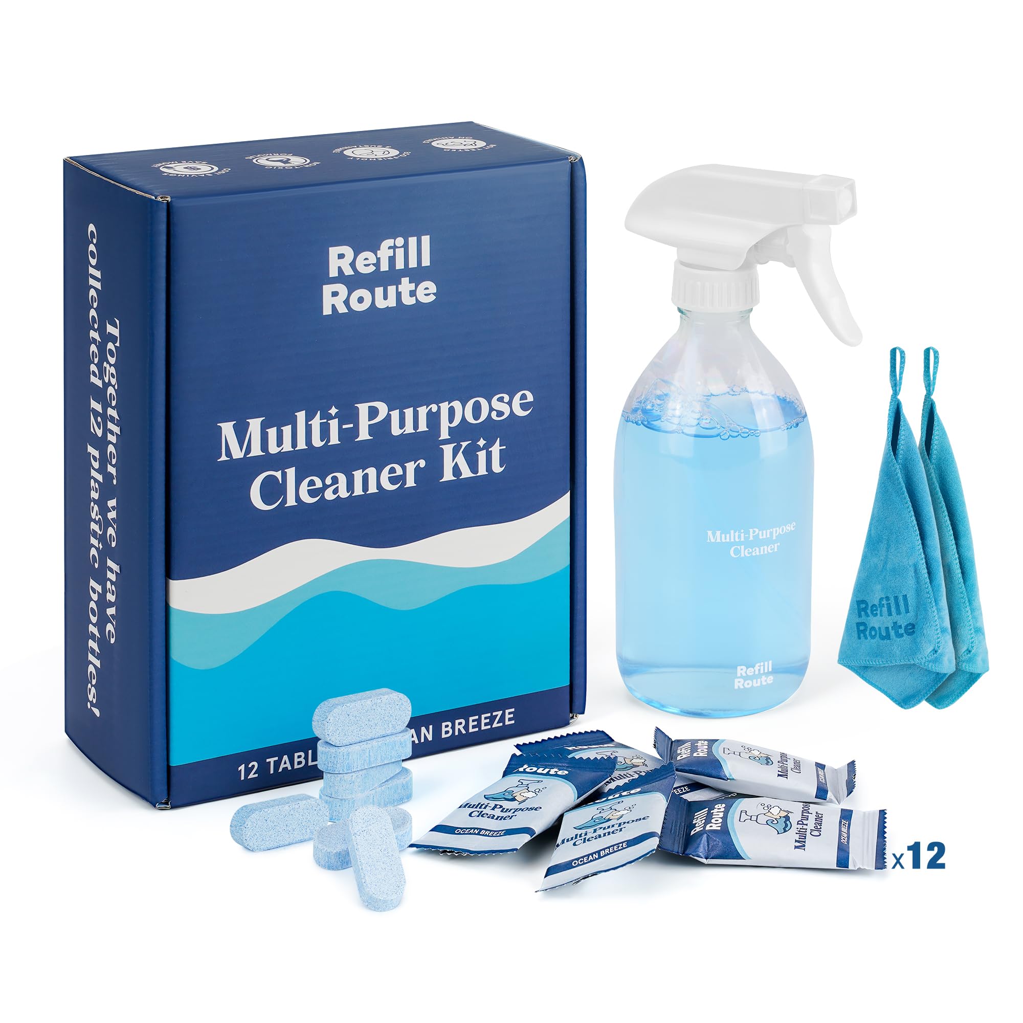 Multi-surface Cleaner Kit, Bathroom Cleaner Spray Tablets & Spray Bottle All Purpose Cleaner, 12 Tablets Multipurpose Cleaner Refills with Reusable Glass Bottle, Plant Based - Ocean Breeze
