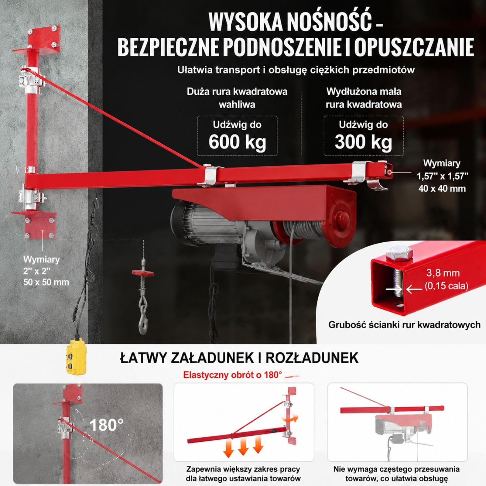 Ramię podporowe do podnośnika elektrycznego ze stali węglowej, udźwig 600 kg, obrót 180°, do warsztatu i garażu