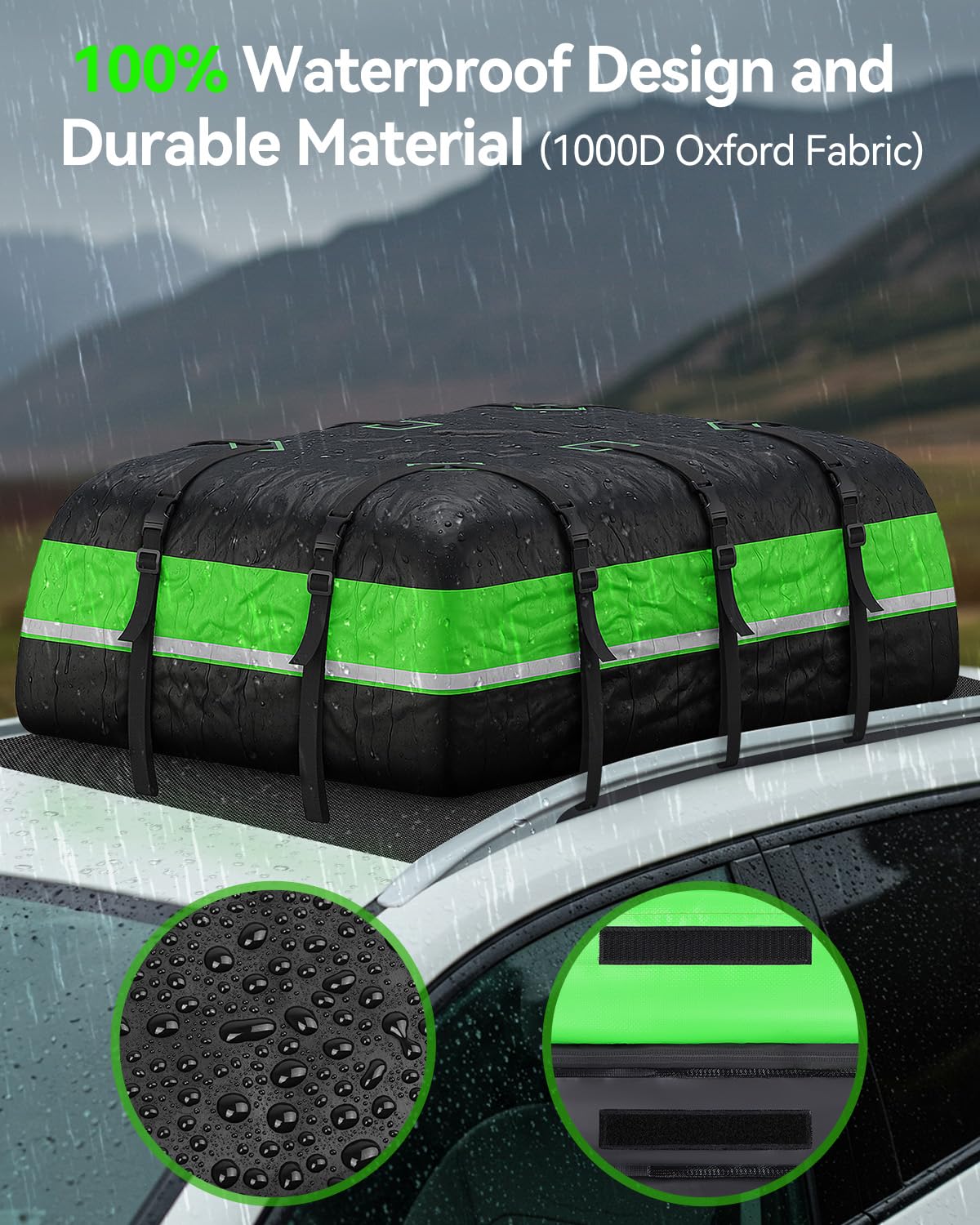 Coffre de Toit Voiture 595L – Sac de Rangement Imperméable 1000D Nylon – 6 Sangles Renforcées – Pliable & Léger – pour Week-Ends, Vacances et Road Trips