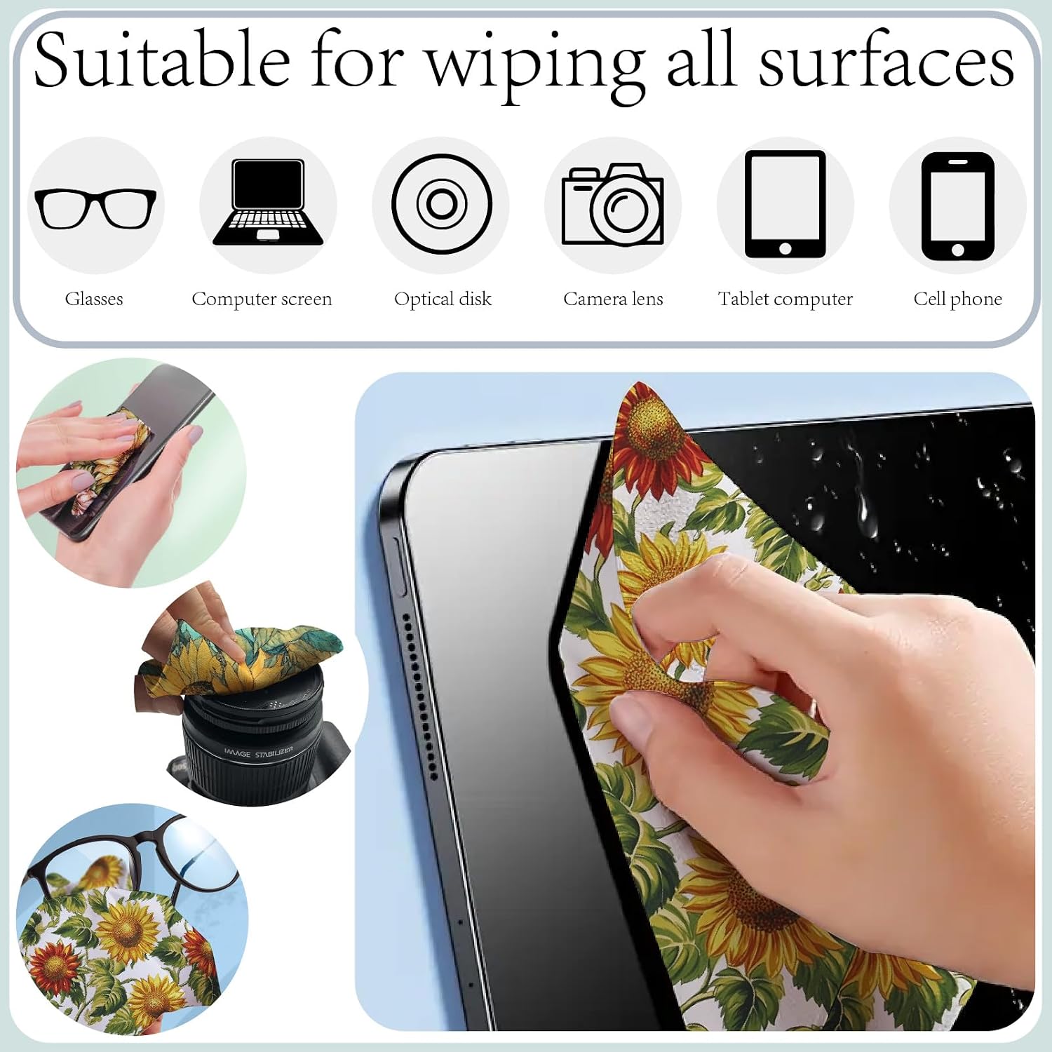 CREATCABIN 6 Pcs Sunflower Glasses Cleaning Cloth Microfiber Cloth Soft Multicolor Cleaner Sunglasses Reusable Thicken Wipes Cloths for Eyeglasses Camera Cell Phone Lens Screens Glasses Gift 6x6 Inch image 5