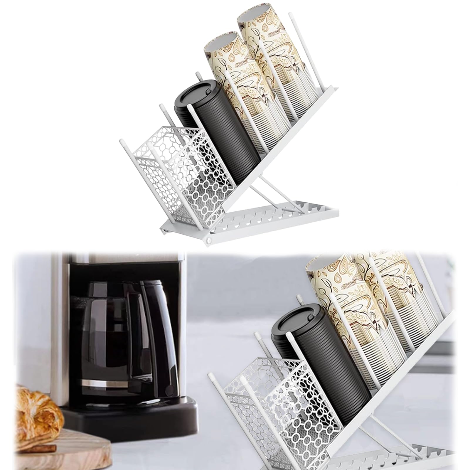 Tefola Soporte para tazas y tapa, dispensador de tazas de café desechables, soporte de almacenamiento para estación de café, bar, encimera de sala de descanso de metal (blanco)