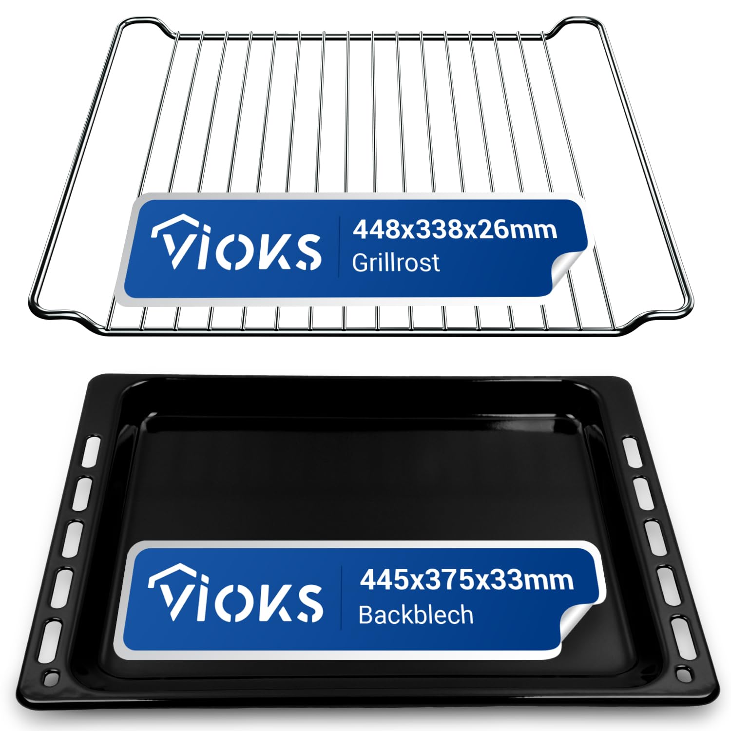 VIOKS Juego de bandeja de horno profunda 445 x 375 x 33 mm, repuesto para Whirlpool 481010539879 y parrilla 481245819334 448 x 338 x 26 mm / bandeja universal con borde alto y rejilla para horno