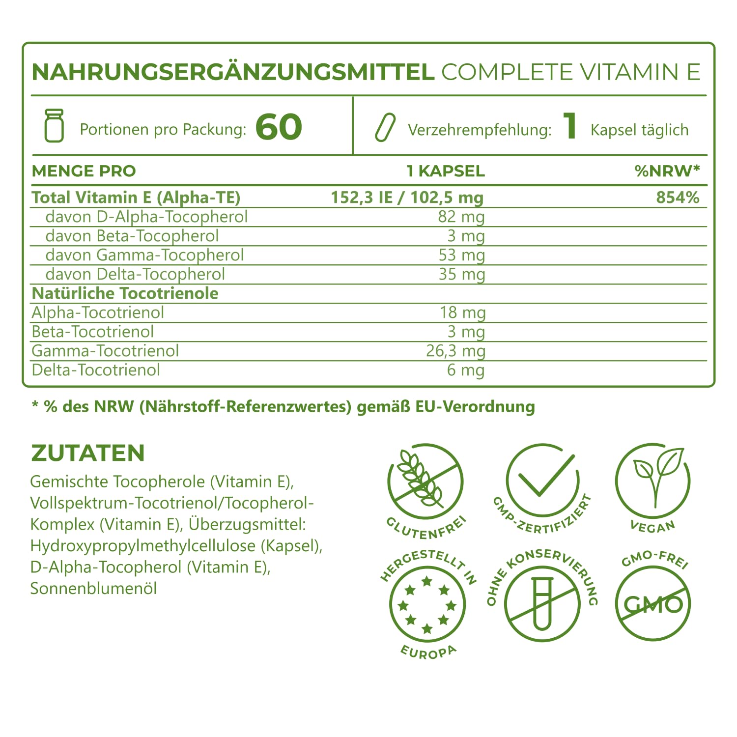 Complete Vitamin E Kapseln I Natürliches D-Alpha-Tocopherol und Tocotrienol mit hoher Bioverfügbarkeit (60 Stk) Antioxidans für Haut Haare Augen Muskeln Vitality Nutritionals by VitaminExpress