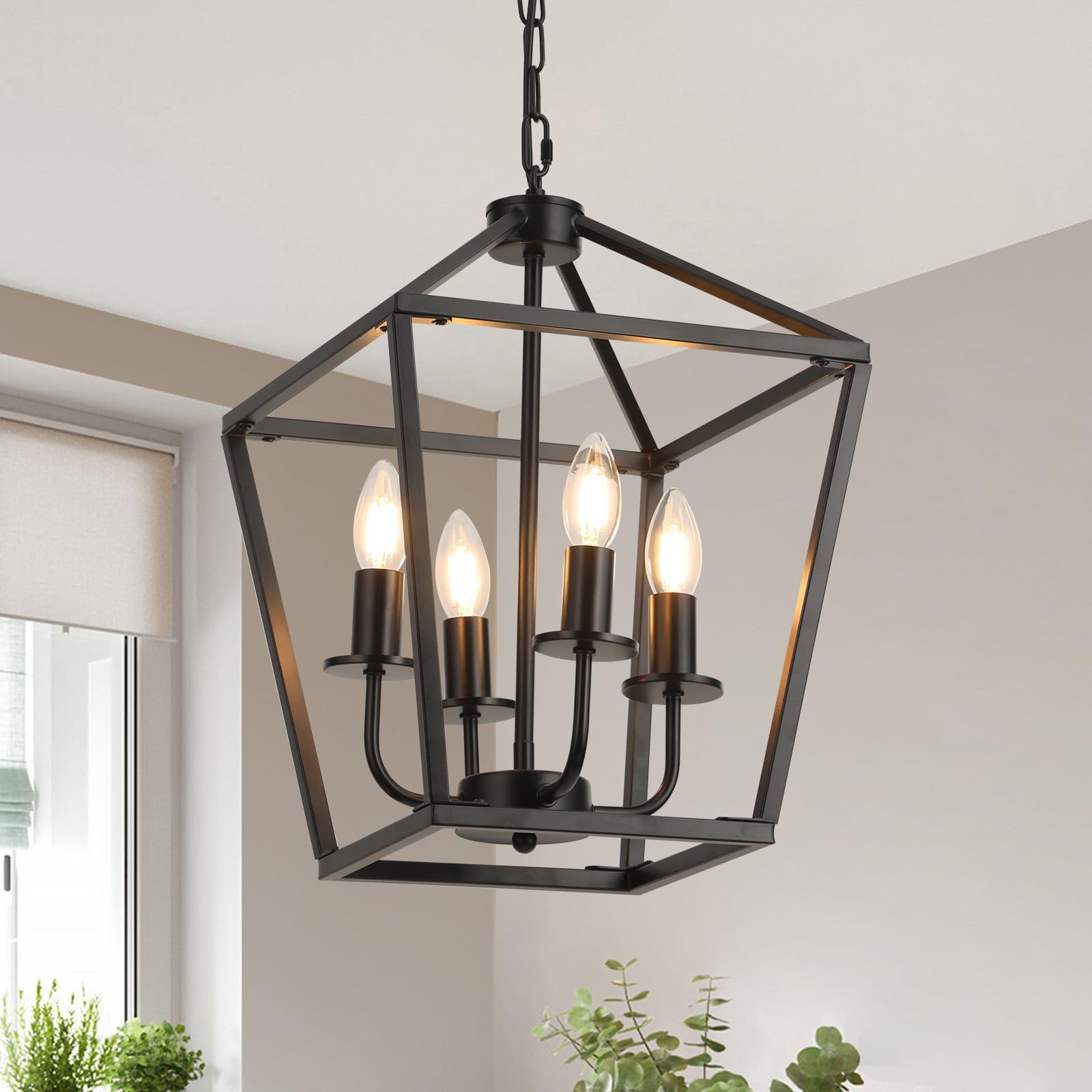 Lampadario Lanterna Industrial Metallo,Lampada A Sospensione Nero Altezza Regolabile,Lampadari Con E14 X 4 Candeliere,Luce A Sospensione Rustico In Stile Fattoria Per Soggiorno,Camera Da Letto,Cucina