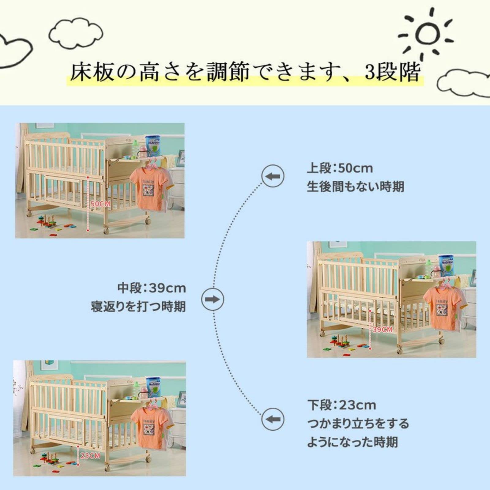 Amazon.co.jp: ベビーベッド 木製 新生児 7点セット付き プレイヤード  