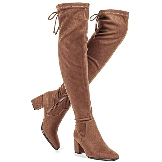 Vipost Bota de cano alto com bico quadrado de 6,3 cm, camurça acima do joelho, salto grosso, longa, com zíper lateral, moda outono inverno 2025