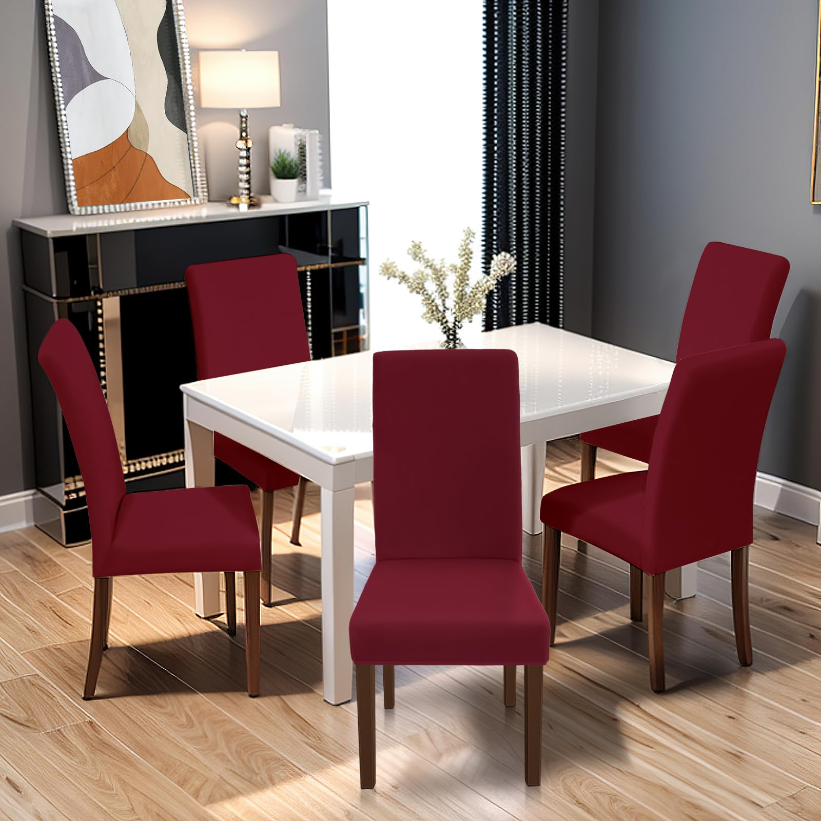 Yugarlibi Dining Chair Slipcovers Set of 4 Stretch Chair Covers Swing Chair Elastic Removable Dining Room Chair Covers Reusable Washable Chair Protector for Hotel Banquet Ceremony (Wine Red - Image 2