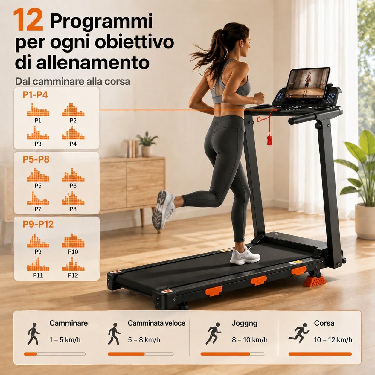 Tapis Roulant Salvaspazio con Inclinazione 12%, Walking Pad Pieghevole 12km/h, Tapis Roulant Elettrico Pieghevole per Casa, Motore Silenzioso 3.0HP, Display LED, Portata 138 kg