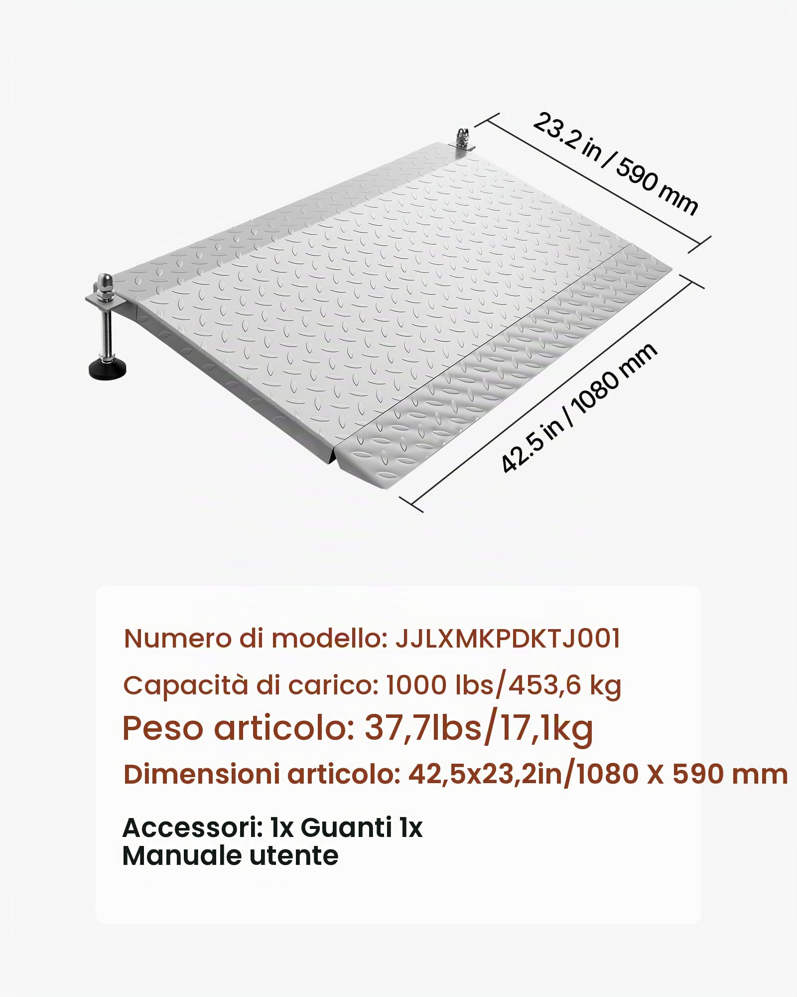 VEVOR Rampa di Soglia per Porte, 108 x 59 cm, Rampa per Sedia a Rotelle in Acciaio al Carbonio, Altezza Regolabile, Superficie Antiscivolo, Carico 453,6 kg, per Gradini, Porte e Carrelli