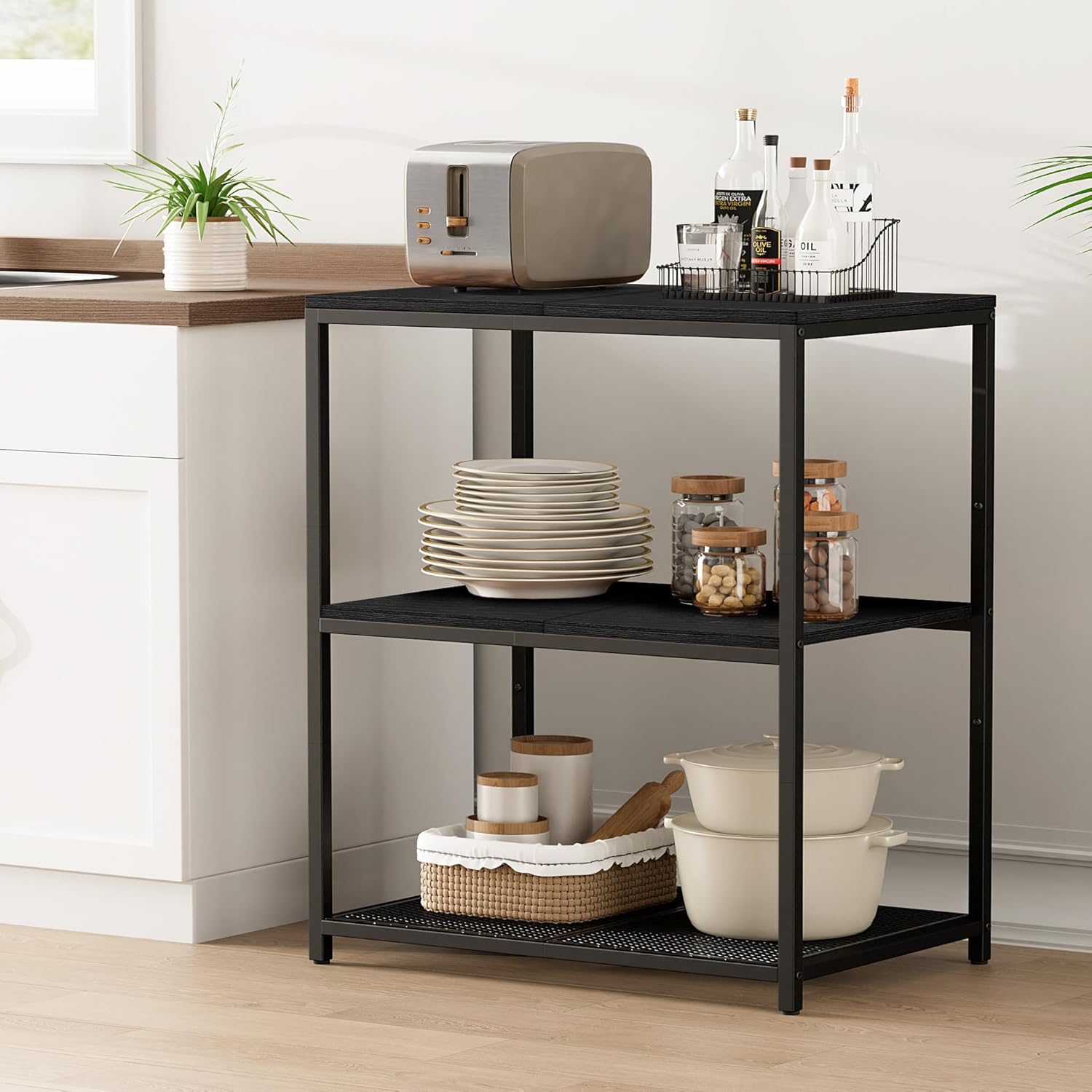 Homleke Black Kitchen Island with 3 Shelves, Large Workstation, Sturdy Metal Frame - Bakers Rack & Workbench