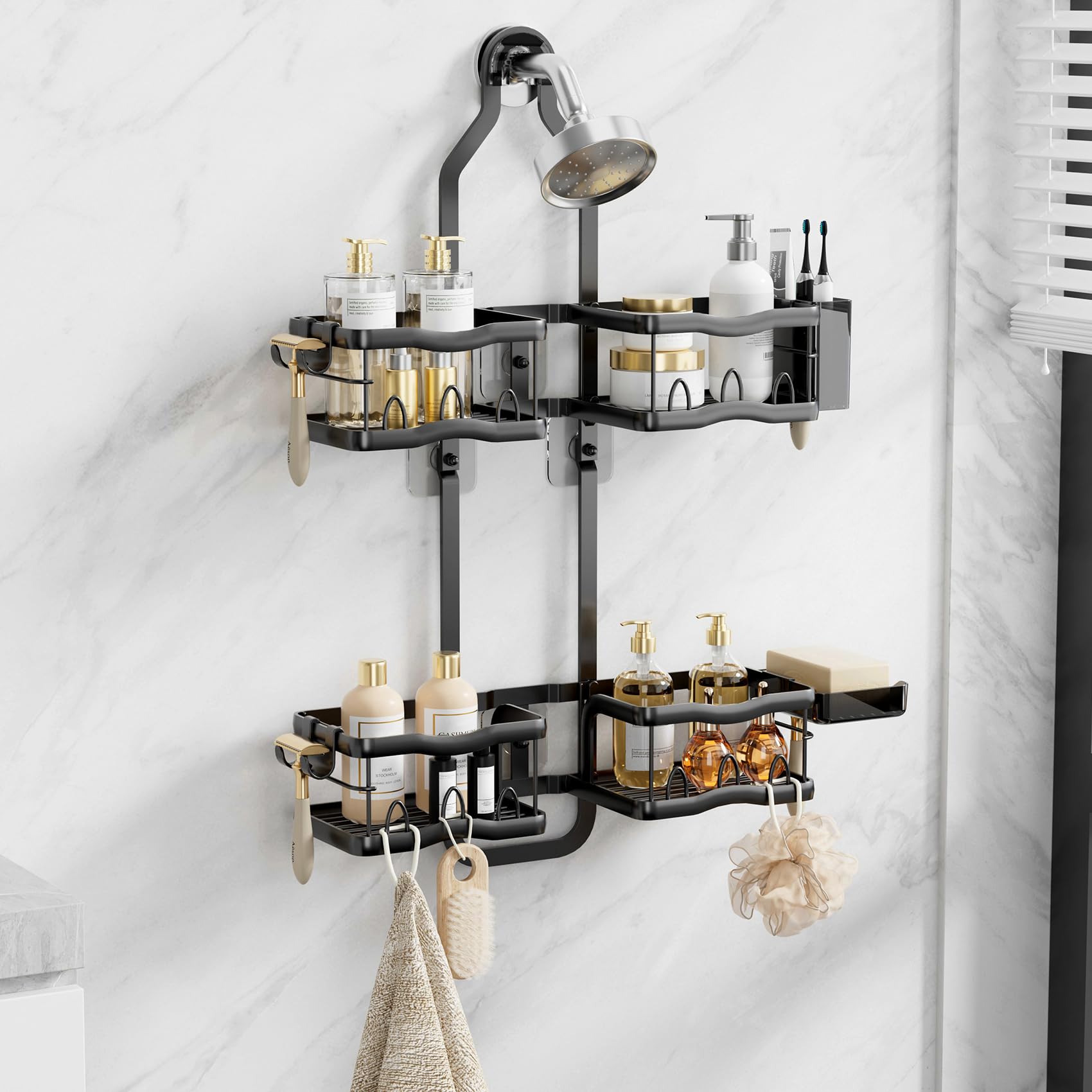 Yortemdi Shower Caddy Hanging Shower Head Rustproof Hanging Shower Caddy Over Showerhead Bathroom Shower Caddies Shelf Organizer Rack