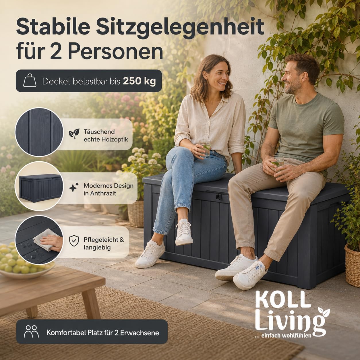 Cassapanca/cuscino Box koll Living 570 litri L 100% impermeabile L uebler con ventilazione non odore/muffa L moderno effetto legno L Deckel portata fino a 250 kg (2 persone)