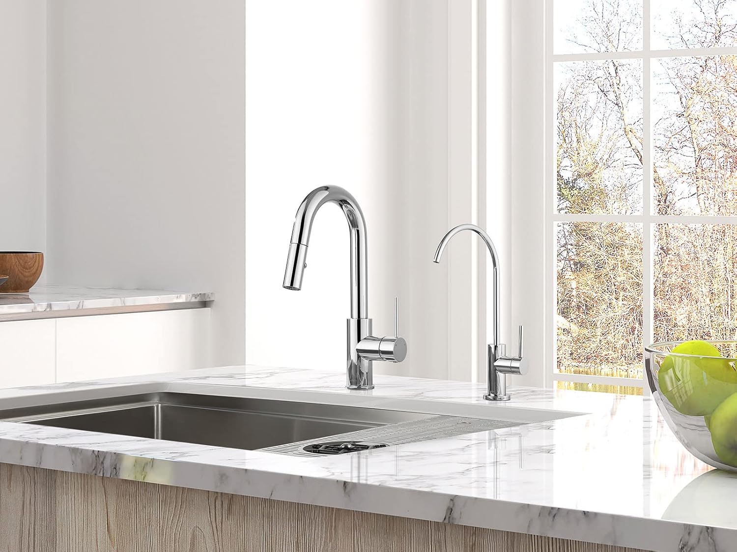 AguaStella AS59CH Chrome Pull Down Bar Faucet and AS09CH Chrome Stainless Steel Water Filter Faucet for Most Reverse Osmosis Units or Water Filtration System in Non-Air Gap Combination