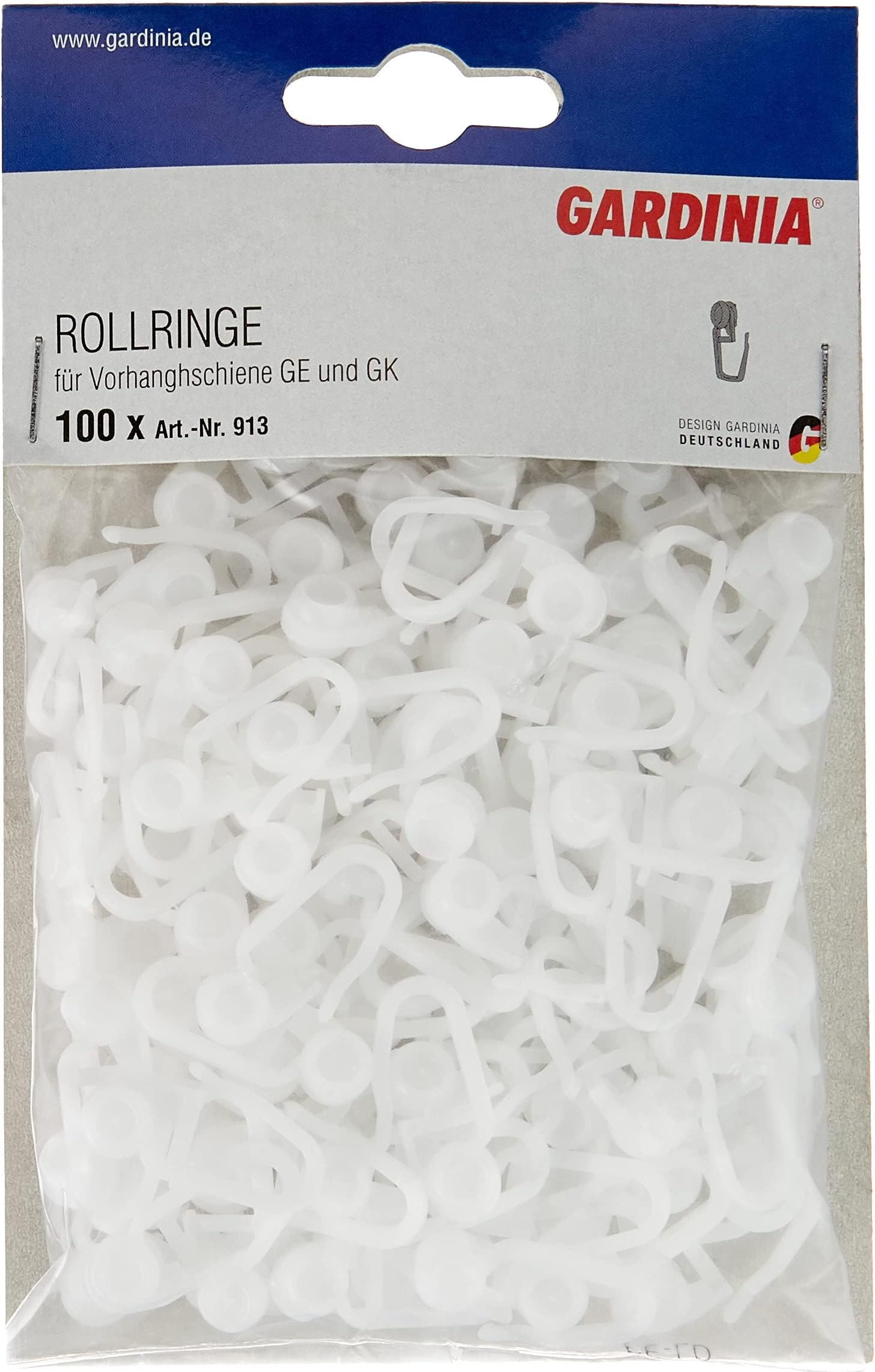 Gardinia Rollers With Hook Clip For GE And P2U Curtain Rod Models, 100 Pack, UV-Resistant, Plastic, White, 913