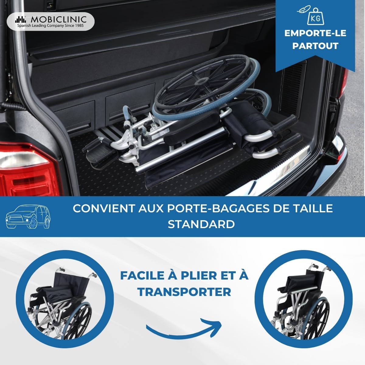 Mobiclinic®, Fauteuil roulant pliable, Léger, Système sous trottoir, Frein de stationnement, Modèle ópera, Aluminium, Roulettes solides, Accoudoirs pliants, Repose-pieds amovibles, Ergonomique