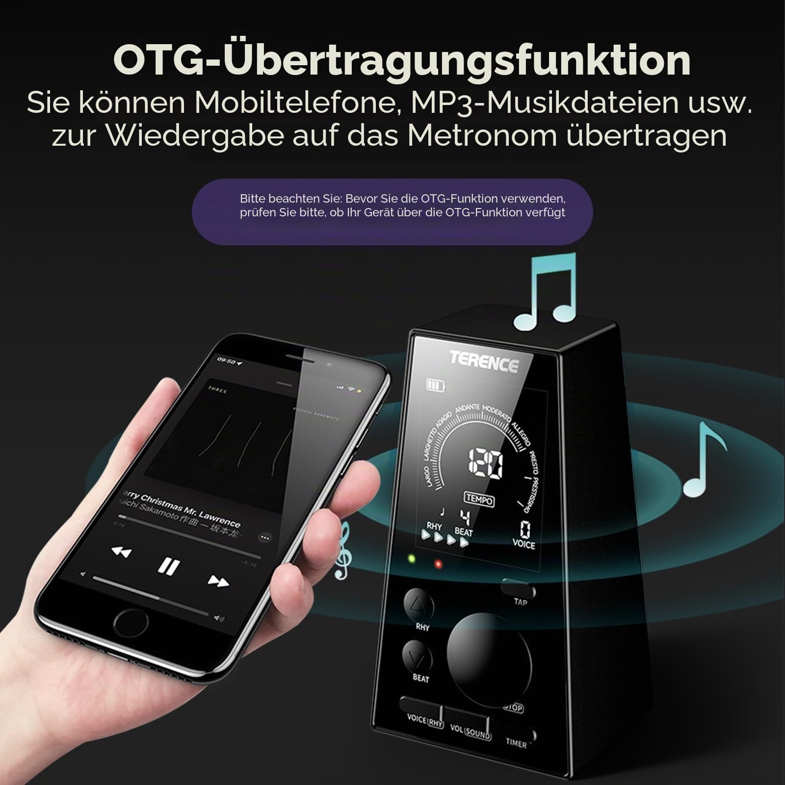 TERENCE Digitales Metronom für Klavier Bass Ukulele Musikinstrumente Elektronisch mit Lautsprecher LCD Display 30-252bpm