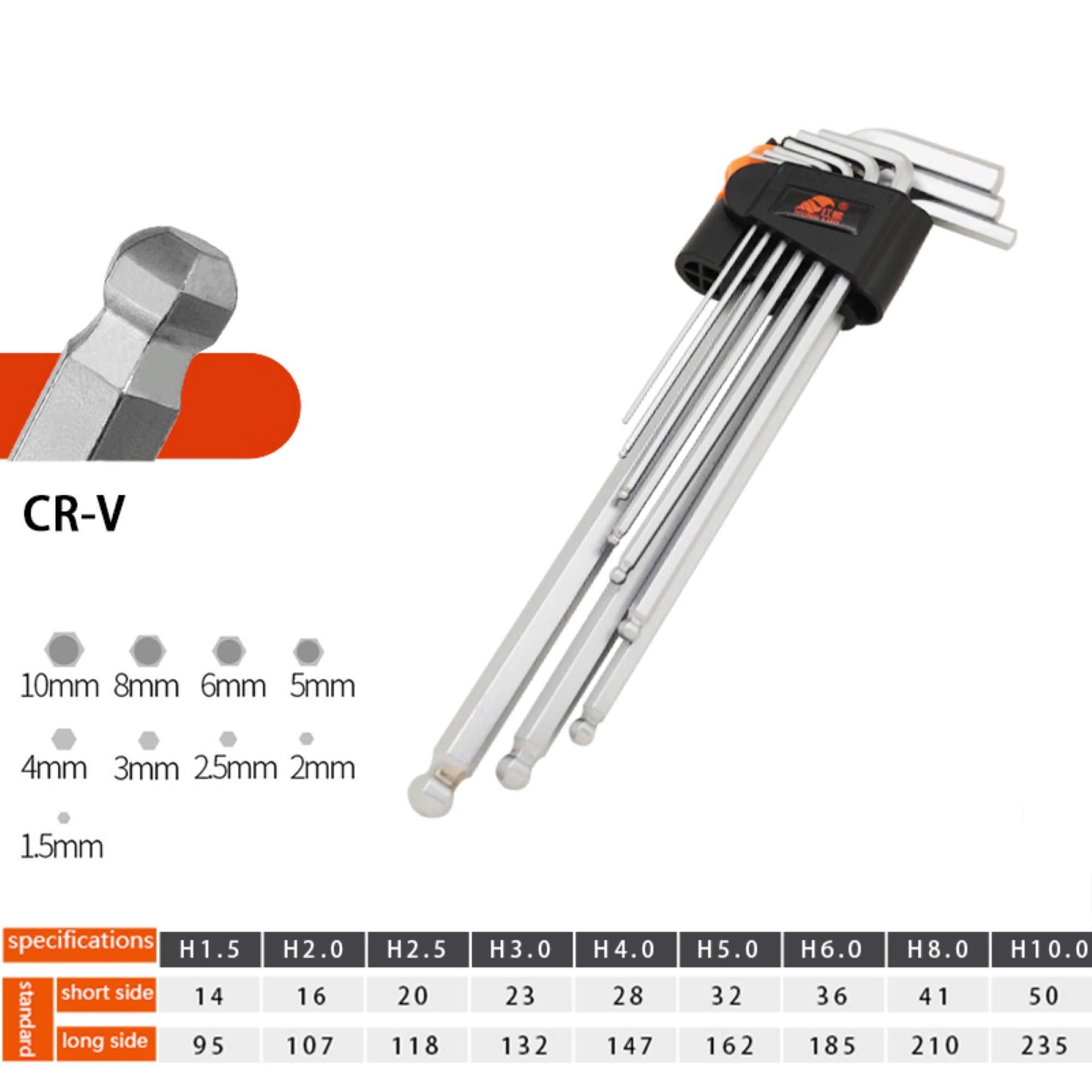 9 Pièce Clé Hexagonale 1.5-10 Mm Ensemble Hex Clé Clé À Molette Universel Allen Clé Double-fin L Type Hexagone Plat Extra Ball Clé À Long Métrique Outils À Main (Clé Allen Extra
