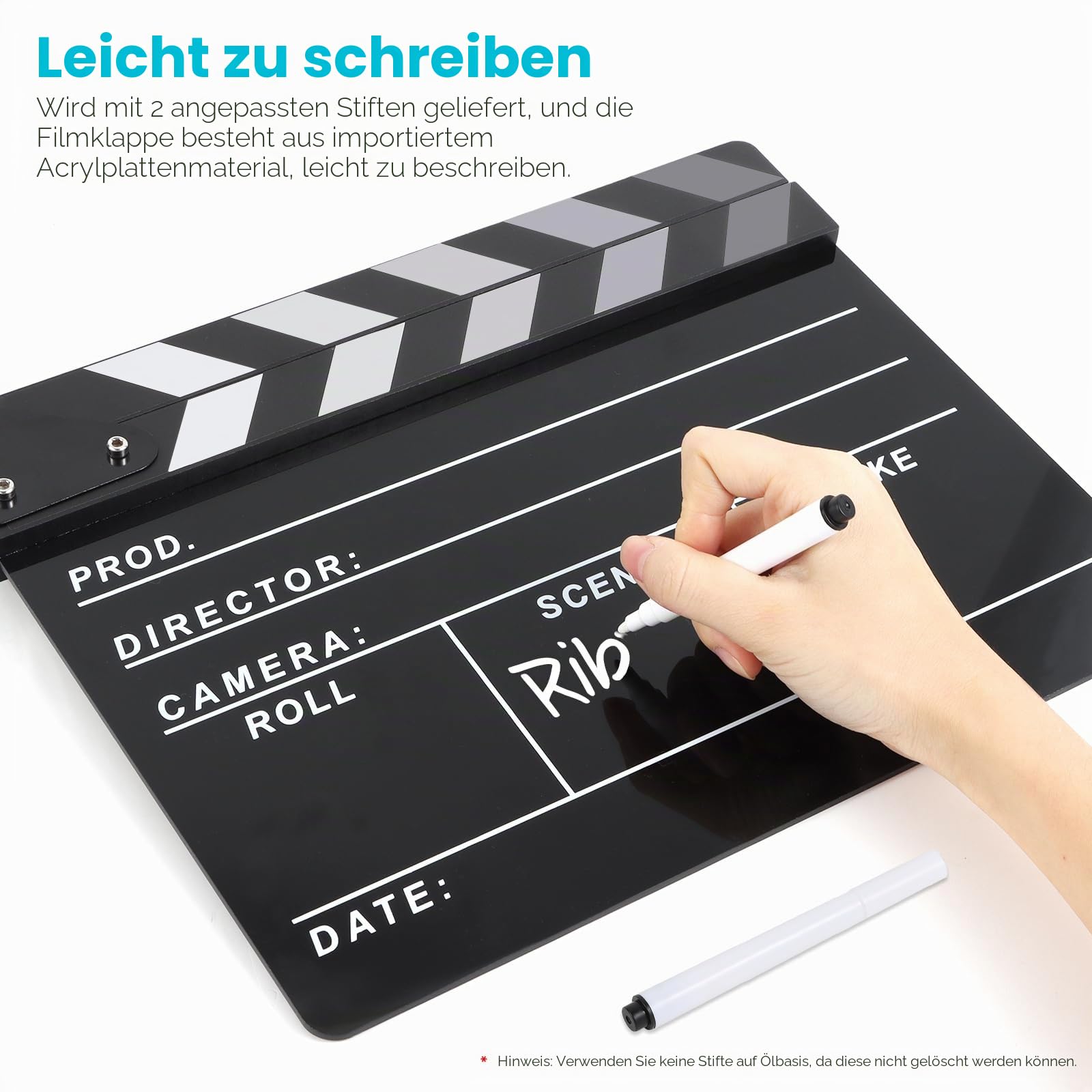 Filmregisseur Schindelplatte, Schiefer Fotografie, Video, TV Cut Action Szene Acryl Klöppel Board Requisiten mit einem magnetischen Tafelradierer, zwei benutzerdefinierten Stiften,