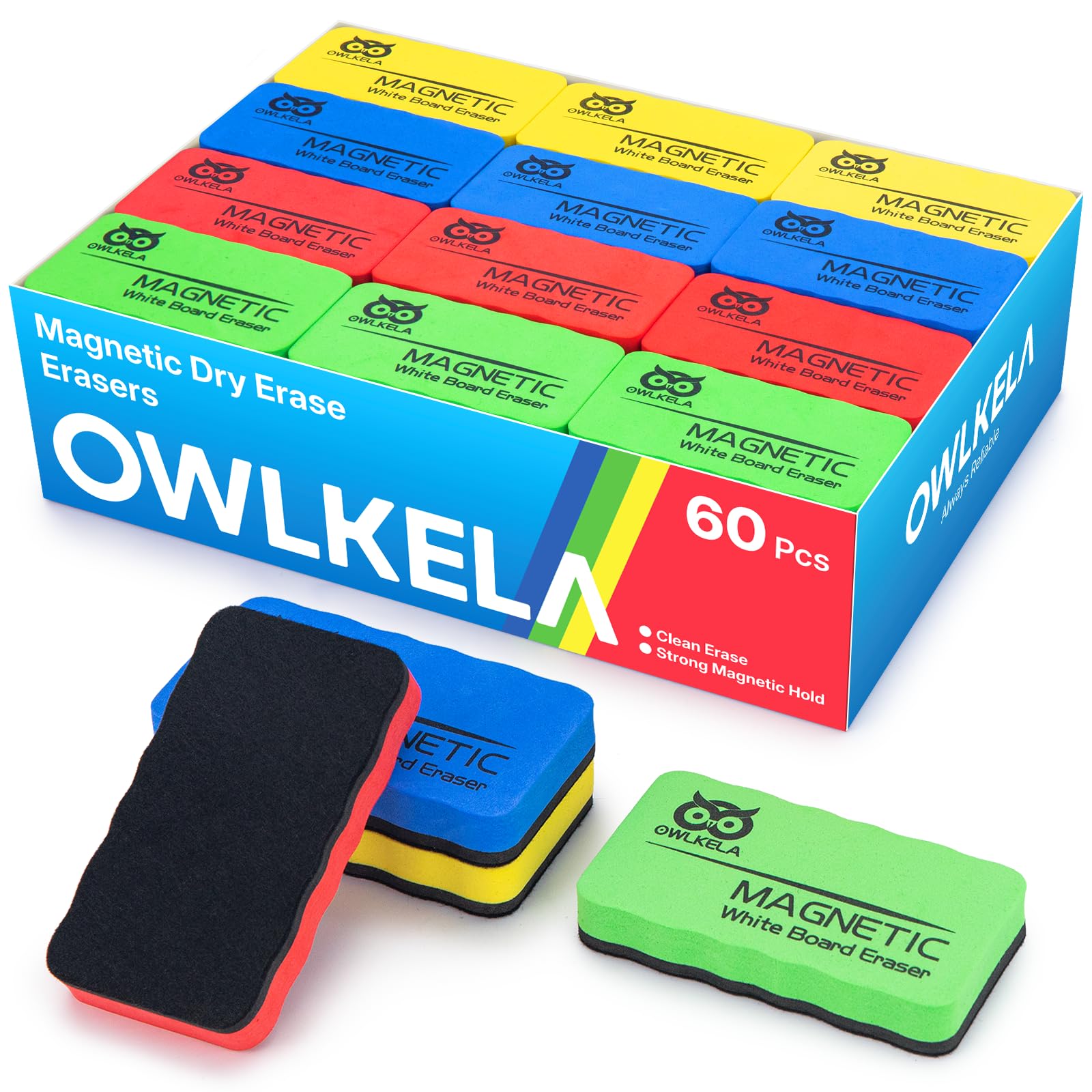 OWLKELA 60 pcs Dry Erase Erasers, 4 Colors