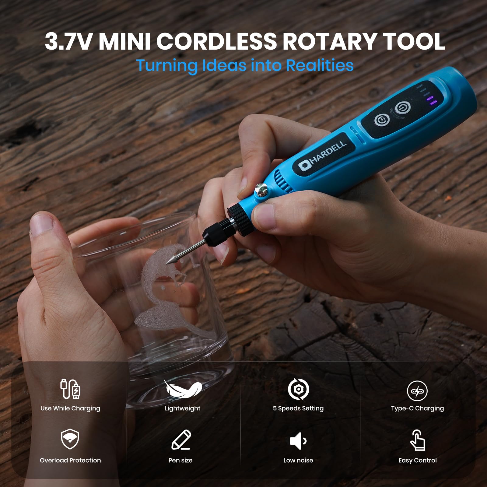 HARDELL outil rotatif multifonction sans fil 3,7 V – mini perceuse avec 43 Accessoires, Utilisation Pendant la Charge, 5 Vitesses Variables pour Polir, Graver, Percer, Poncer, Meuler et Bricolage