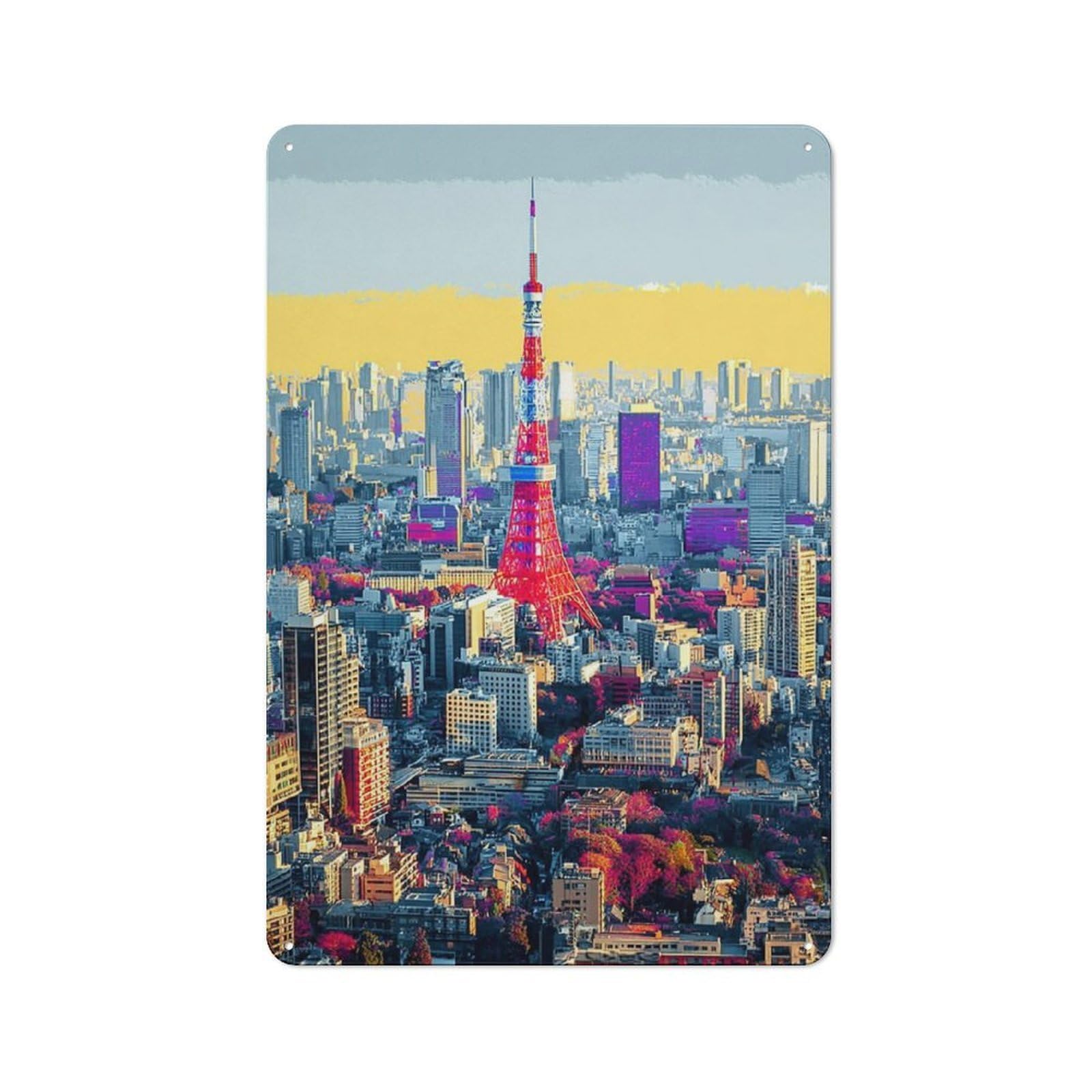 Warehouse Style Tin Wall Sign 30x20cm Featuring Tokyo Tower at Sunset, Loft Wall Plaque for Loft, Studio, Office Or Creative Room