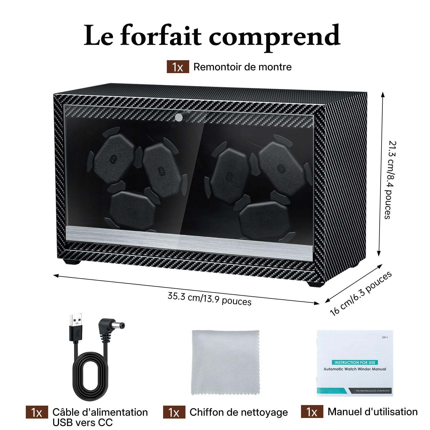 Mcbazel Remontoir Automatique pour 6 Montres, Moteur Ultra Silencieux avec Lumière LED, Boîte de Présentation avec 4 Modes de Rotation, Alimenté par USB