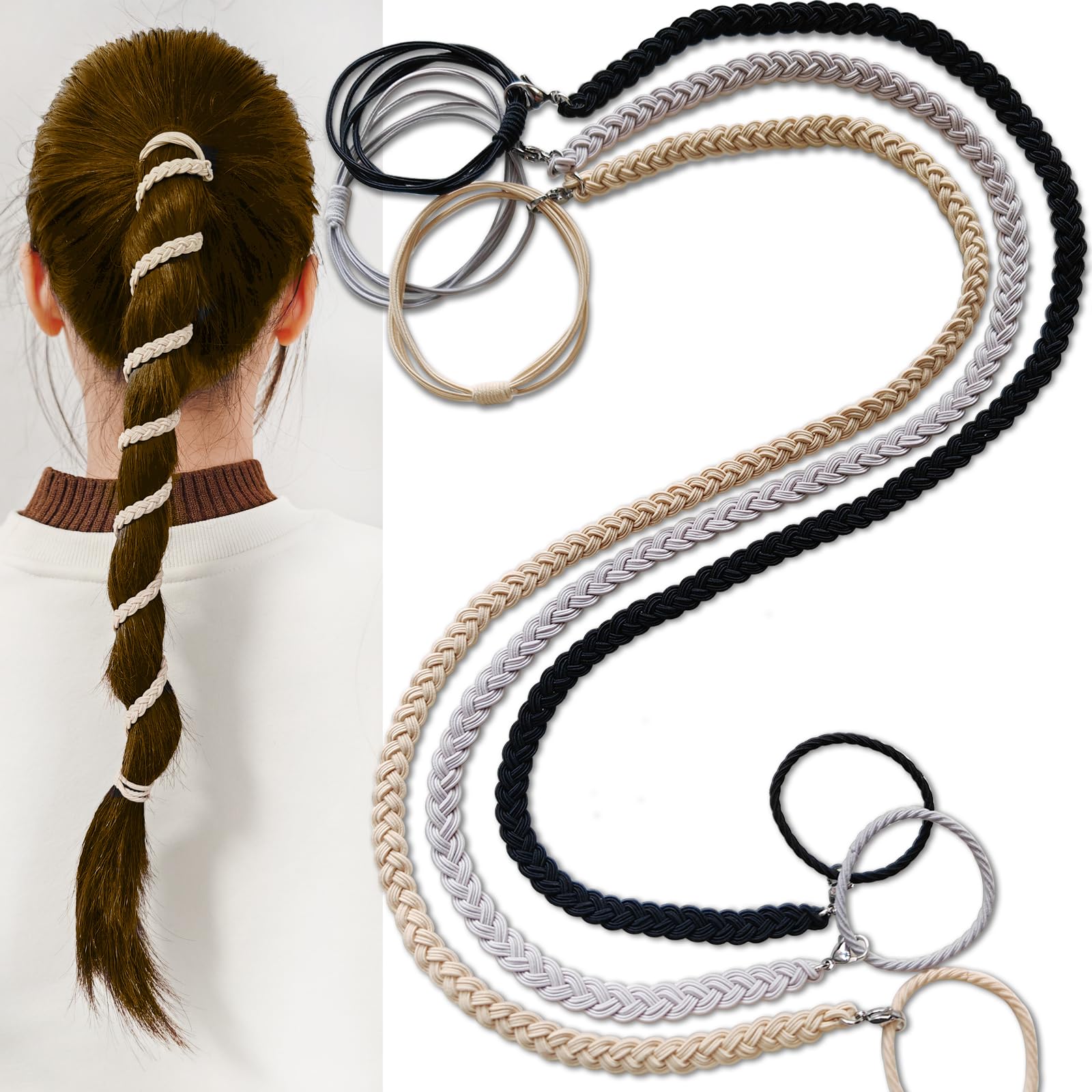 Long Elastic Hand Braided Hair Ties for Women & Girls –3 Pack 18”Pony Tails Wrap Hair Tie for Longhair, No-Tangle, Damage-Free Ponytail Holders for