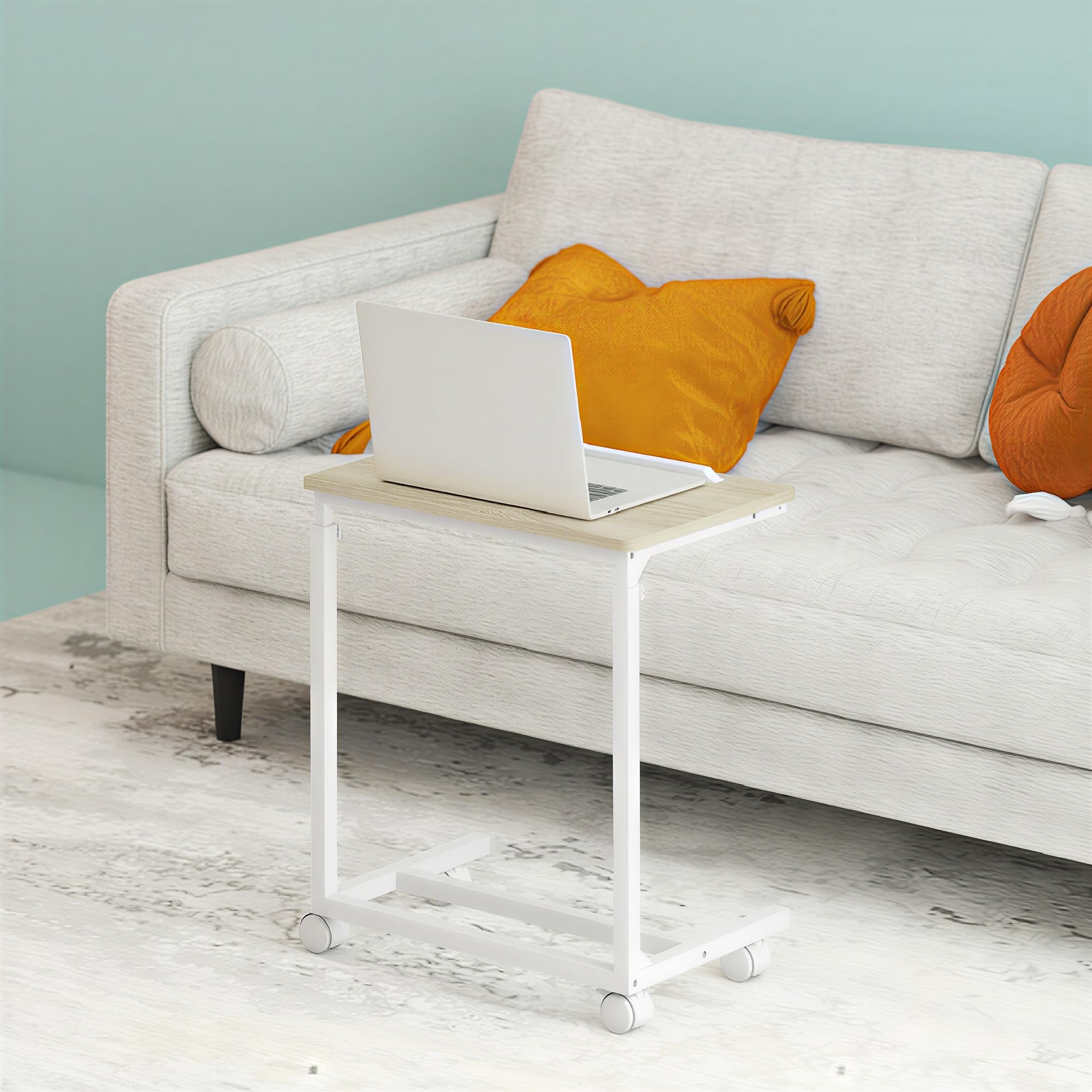 HOMCOM Tavolino Salotto ad Altezza Regolabile con Piano Inclinabile e 4 Ruote, Tavolino Porta PC in Legno e Metallo, Tavolino Laterale per Camera da Letto e Soggiorno, 55x36x62.5-82.5 cm, Rovere