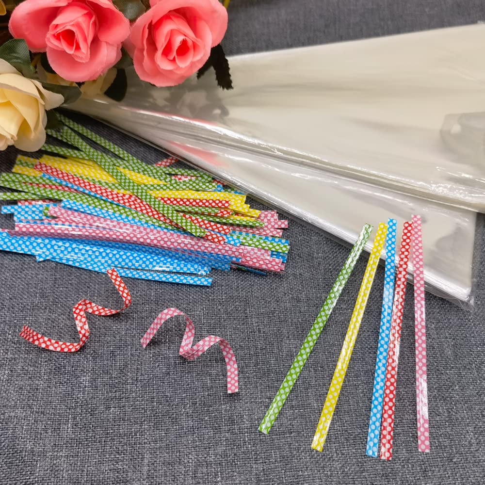 100 stuks snoepzakjes, 25 x 13 cm, snoepzakjes, cellofaanzakjes, puntzakjes, transparante cellofaanzakjes met 100 twist-ties, cadeauzakjes voor koekjes, chocolade, bonbons, bruiloft, Pasen