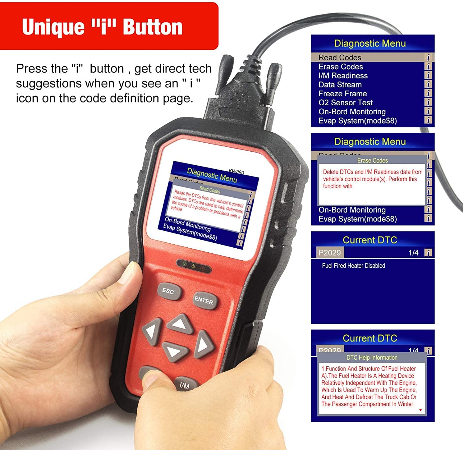 KW860 Instrument de Diagnostic de défaut de Voiture avec Fonction d'indication de Bouton Écran Couleur de 2,8 Pouces OBDII Outil DE Scanner DE Diagnostic DE Moteur DE Voiture OBDII