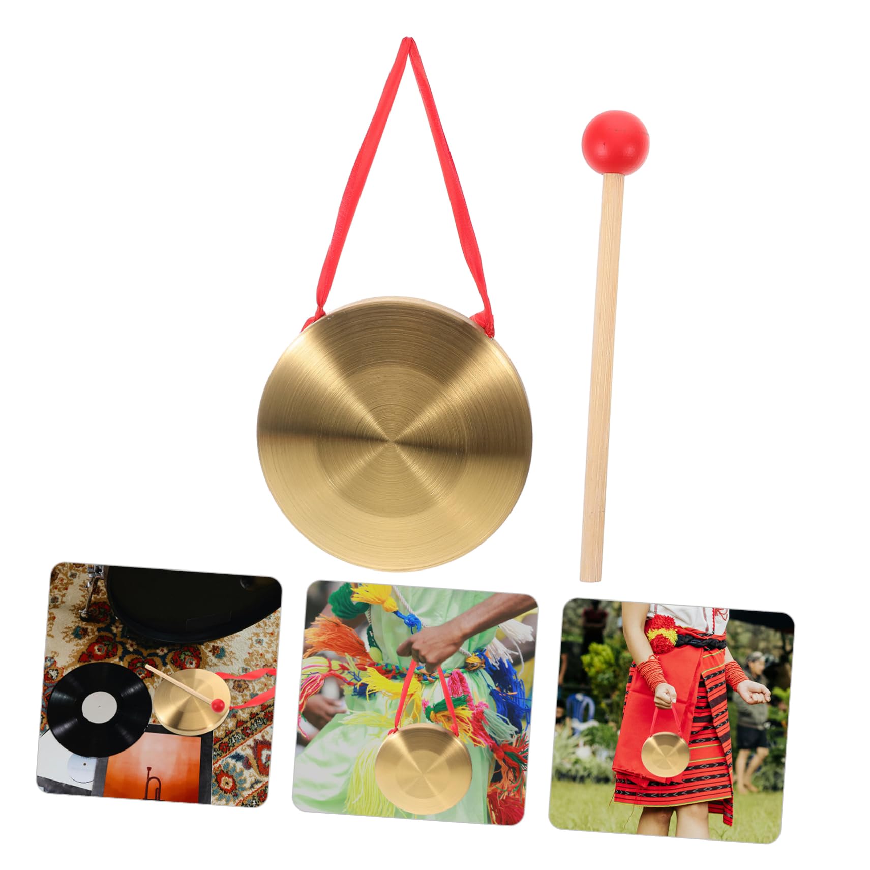 Gong cinese in ottone con martelletto in legno e nastro decorativo, strumento a percussione for matrimoni, celebrazioni e gruppi di musica etnica. N. 1018