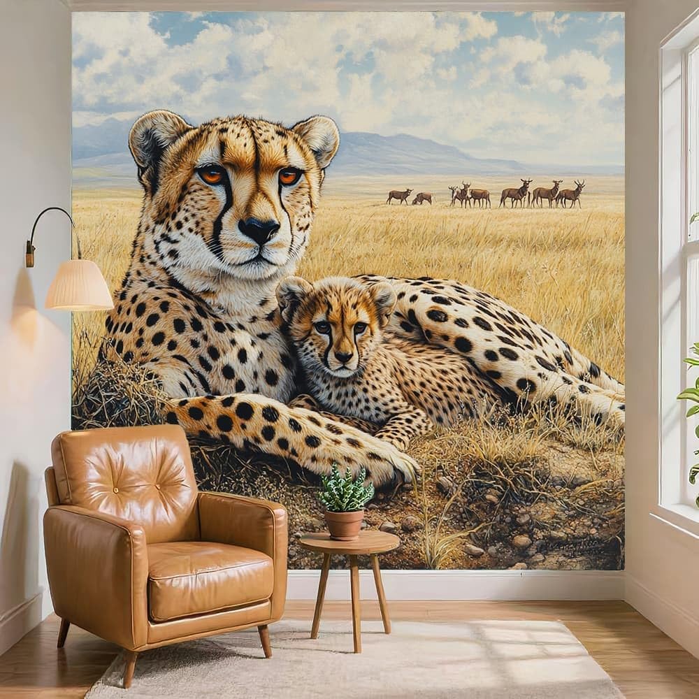 Tapeta na flizelinie XXL, tapeta ścienna, efekt 3D, dekoracja ścienna, złota, samoprzylepna, nowoczesny design, afrykański gepard, tapeta ze wzorem, do salonu, sypialni, biura, korytarza, 300 x 210 cm