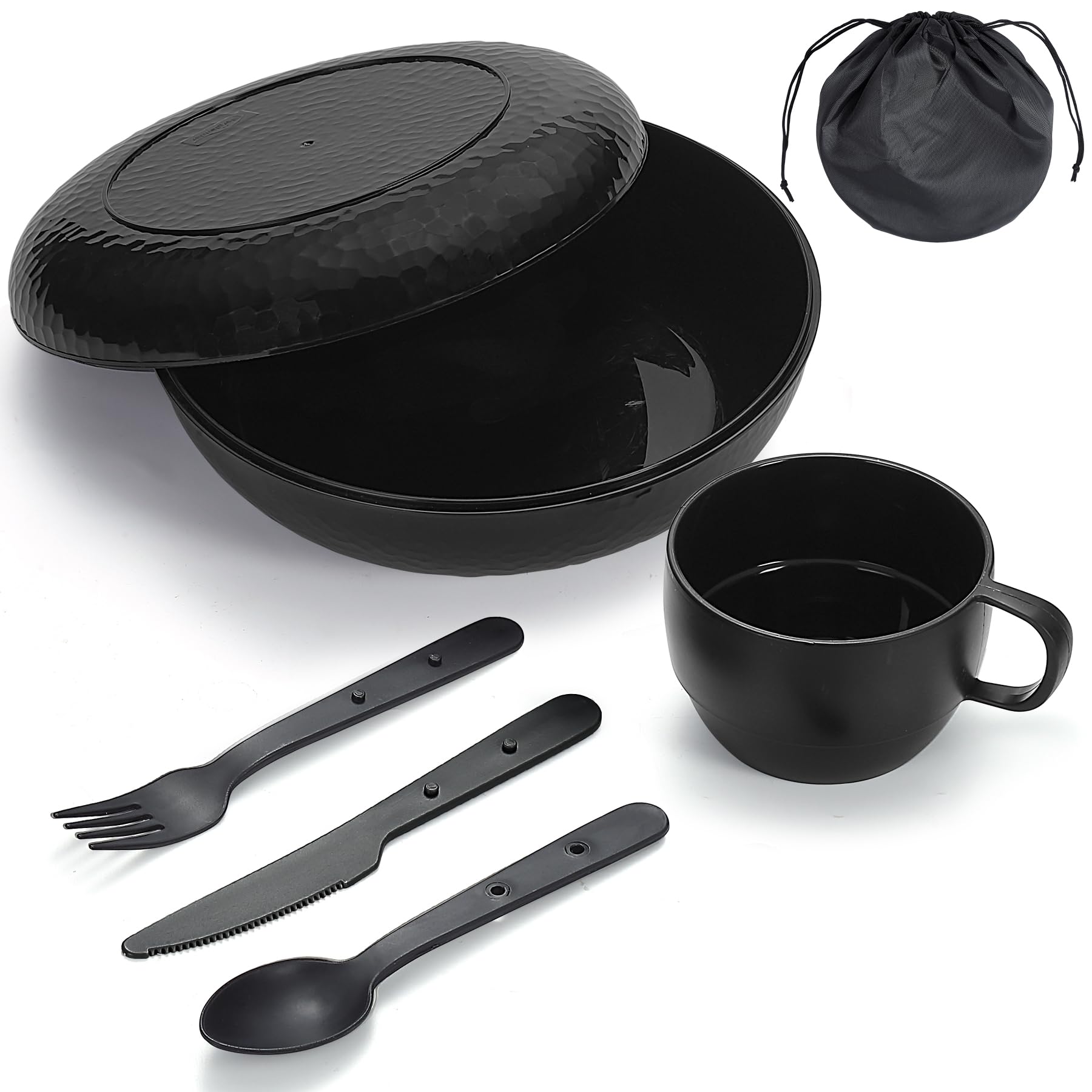 Berglander Camping Mess Set mit Schüssel, Teller, Tasse, Löffel, Gabel, Messer und Tragetasche, Campingzubehör Ausrüstung für Reisen, Picknick, einfach zu transportieren und zu reinigen