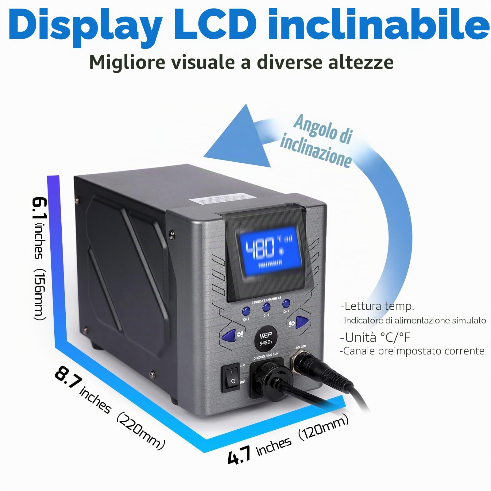 WEP 948D-I Stazione Dissaldante ad alta potenza da 110W con 4 ugelli per dissaldatura, controllo della temperatura con 3 canali preimpostati, display inclinabile, sicura ESD(EU)