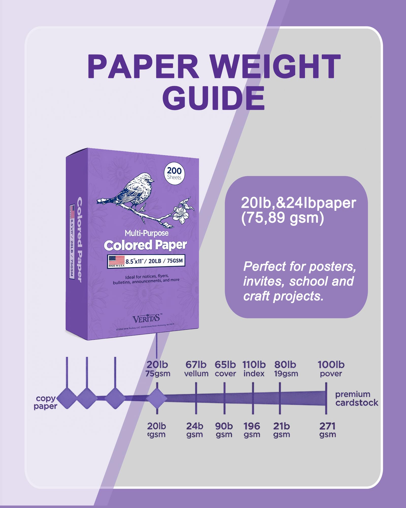 WritePads Veritas - Carta colorata per fotocopie, viola, 21,6 x 27,9 cm, formato lettera, 9,1 kg/75 g/m², viola, 200 fogli, per fotocopie, stampante, multiuso, prodotta negli Stati Uniti