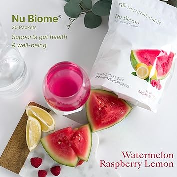 Nu Skin Pharmanex Nu Biome | Gut & Immune Health Supplement | Supports Digestive Balance & Energy | Prebiotic & Antioxidant Formula | 30 Packets | Watermelon Raspberry Lemon