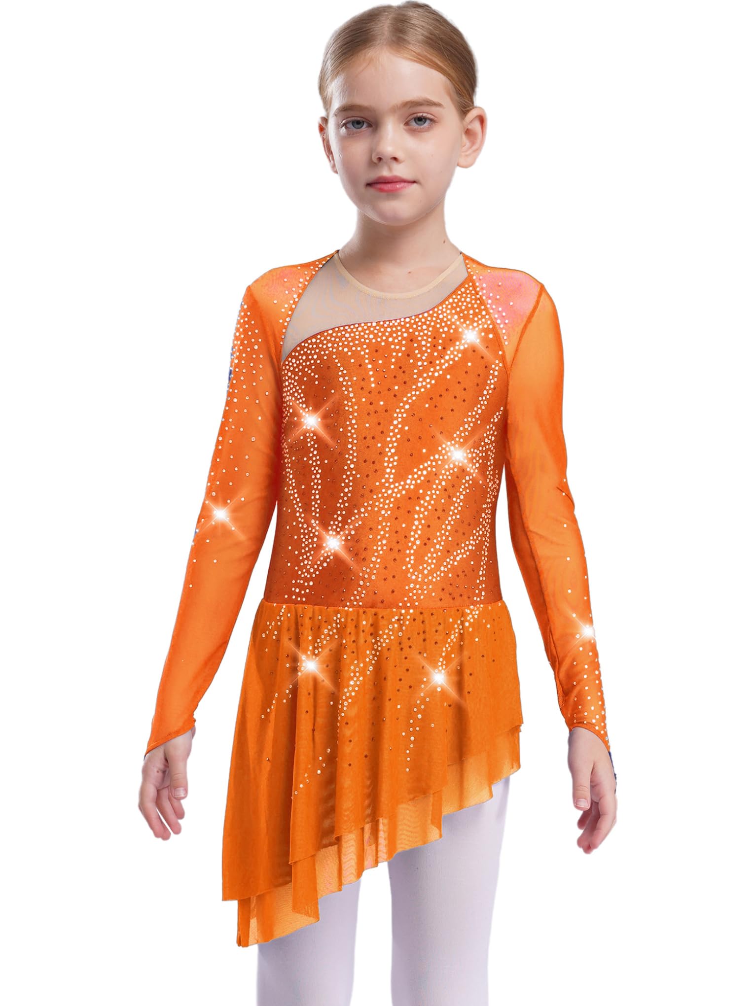 Jan Jean Kids Girls Sparkly Long Sleeve Figure Ice Skating Dress Irregular Hem Skirted Leotard Competition Dance Costume Orange 12 Years