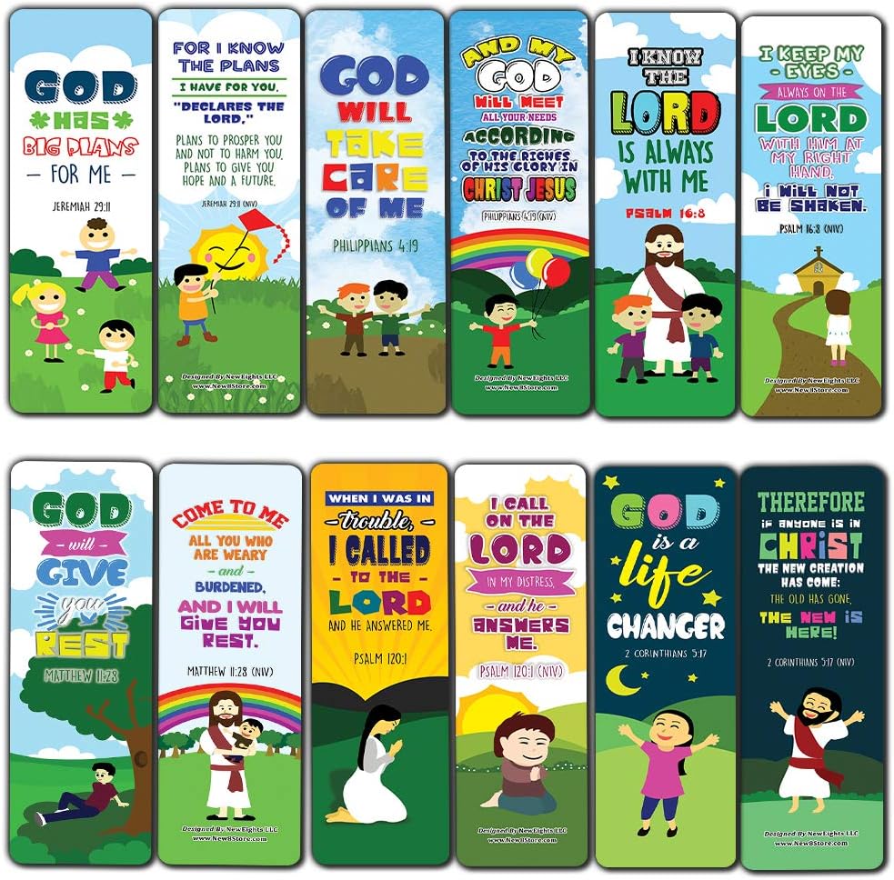 NewEights Top Bible Verses for God's Promises Bookmarks for Kids (60-Pack) - Church Memory Verse Sunday School Rewards - Christian Stocking Stuffers Birthday Party Favors Assorted Bulk Pack