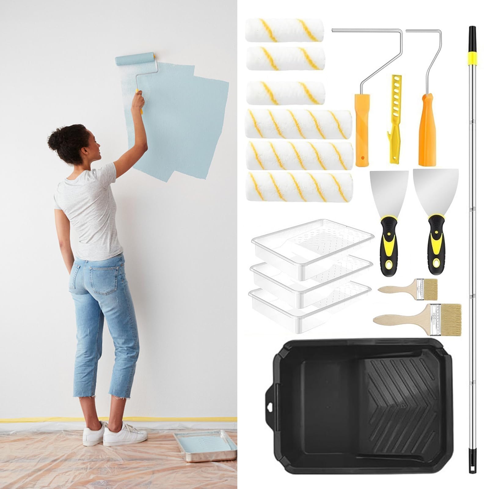 Malerroller Set Multifunktionaler Roller Mit Teleskopstange | Zubehör Für Haus Renovierung Dekoration Basteln Schränke Decken Türen Nachbesserungen